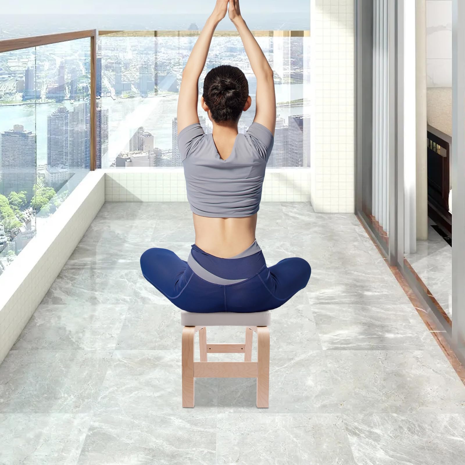 Tabouret de yoga Inversion Bank - Tabouret de yoga de qualité supérieure en bois massif (charge 200 kg), affiche d'exercice, tabouret pour débutant, appuie-tête pour maison, salle de gym, sûr et