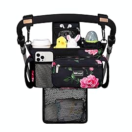 TOPDesign Universal Baby Stroller Organizer, Stroller Caddy with Detachable Mesh Bag & Heightened Insulated Cup Holders & Non-Slip Secure Hooks Accessories, Fits Most Strollers (Peony)