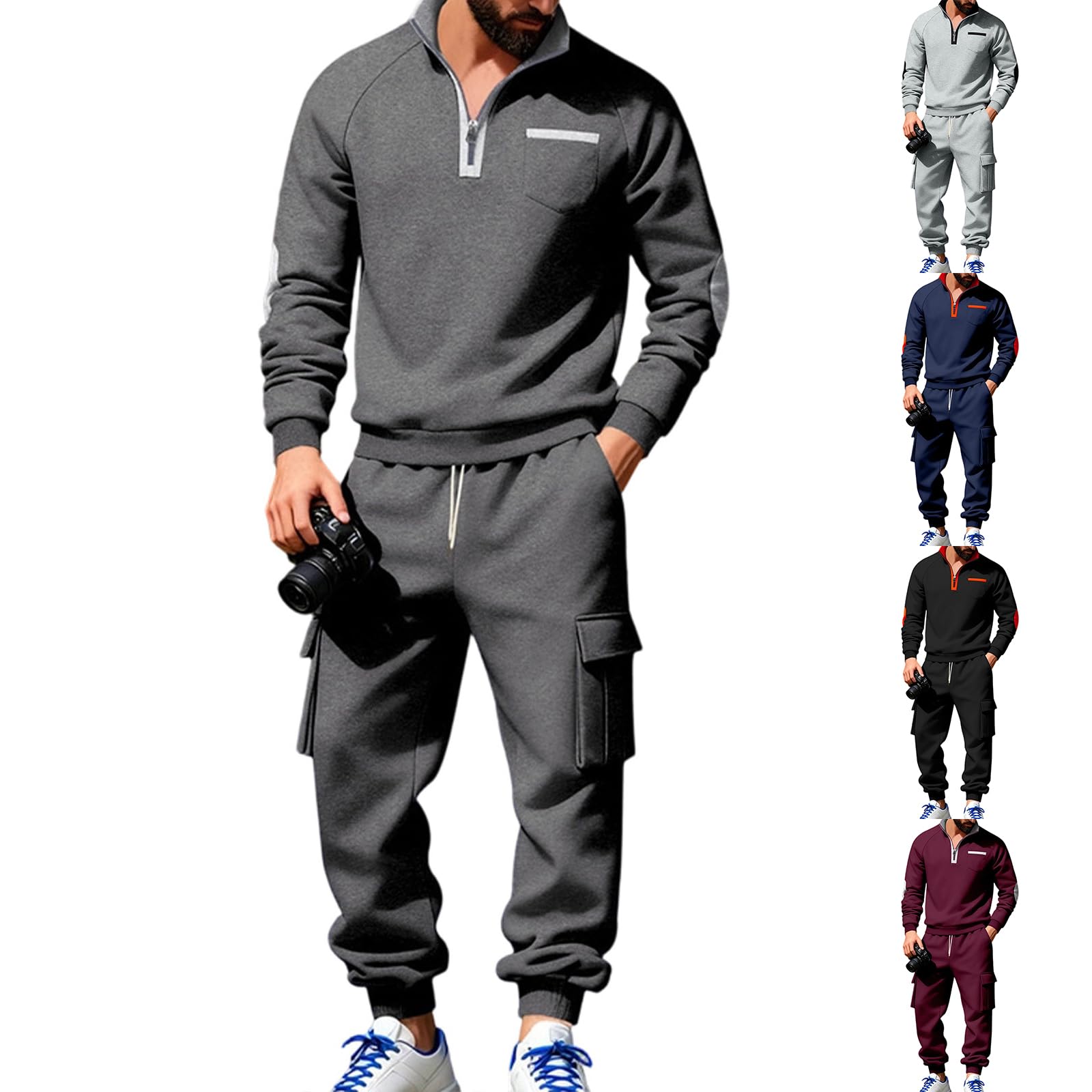 Greabuy Conjunto deportivo de 2 piezas para hombre: sudadera con cremallera de un cuarto y overol transpirable y pantalones deportivos cónicos para entrenamiento