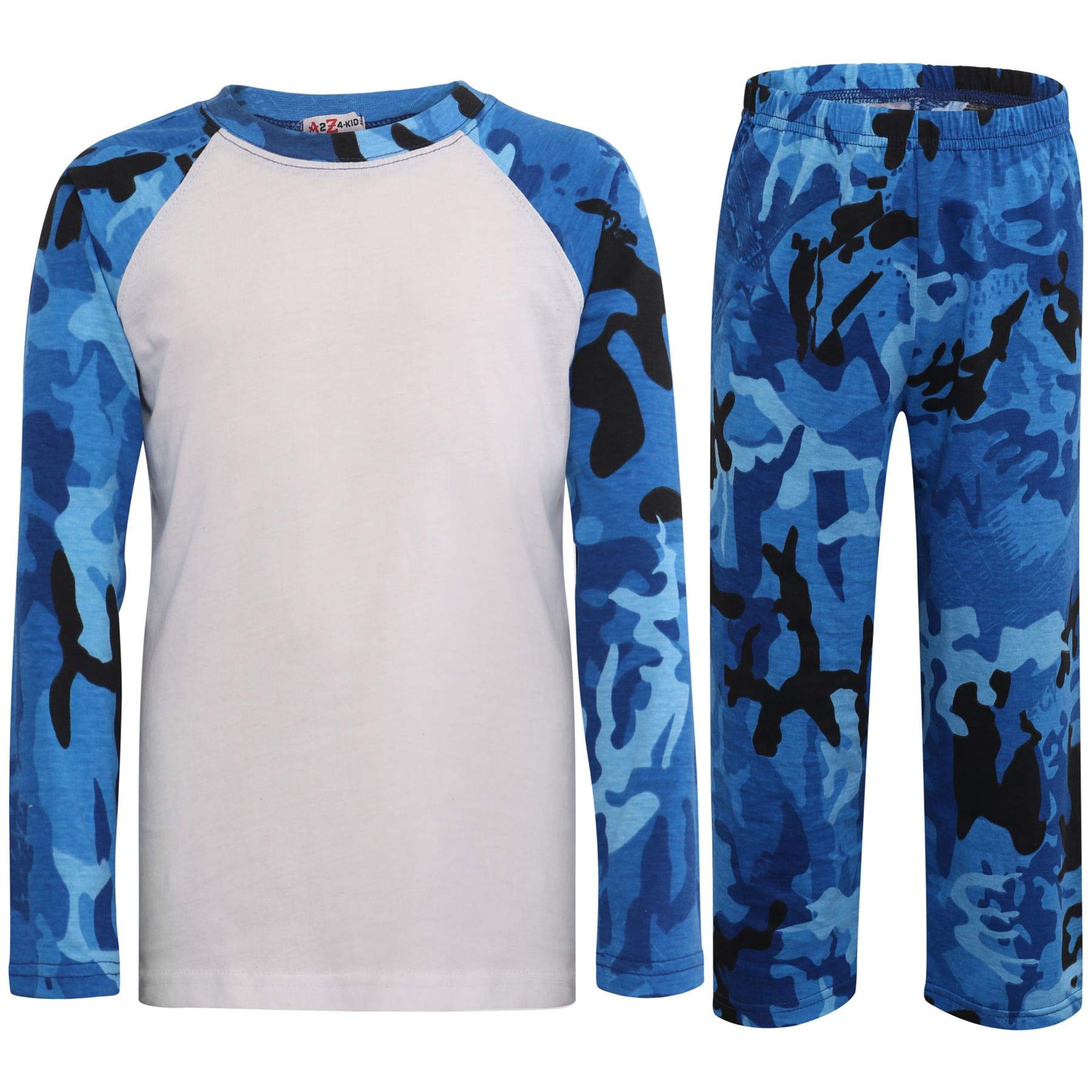 A2z 4 Kids Girls Camo Blue Boys Pjs Plain Pyjamas Set Lounge Suit Top Bottom - Pjs Plain 3-4