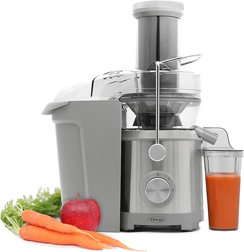 Omega Exprimidor centrífugo con extractor de alta velocidad extra grande para frutas y verduras, cuenta con filtro de acero inoxidable de 2