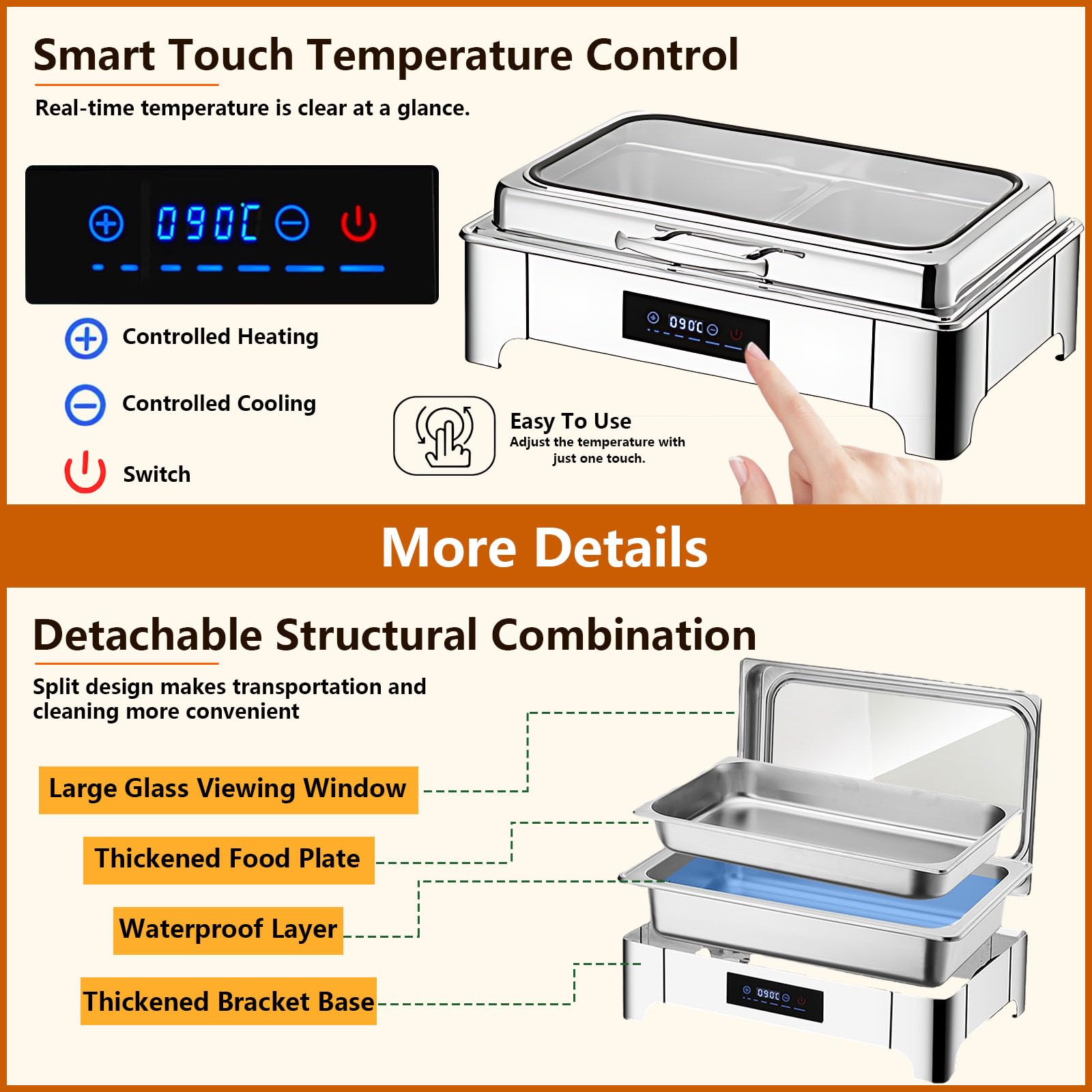 Chafing Dish Elektrisch 9L, Edelstahl (B, 1/2 Pan) | Elektrische Warmhaltebehälter Einstellbare Temperatur, Rechteckiger Chafing Dish Set Speisenwärmer mit Sichtbarem Glasdeckel