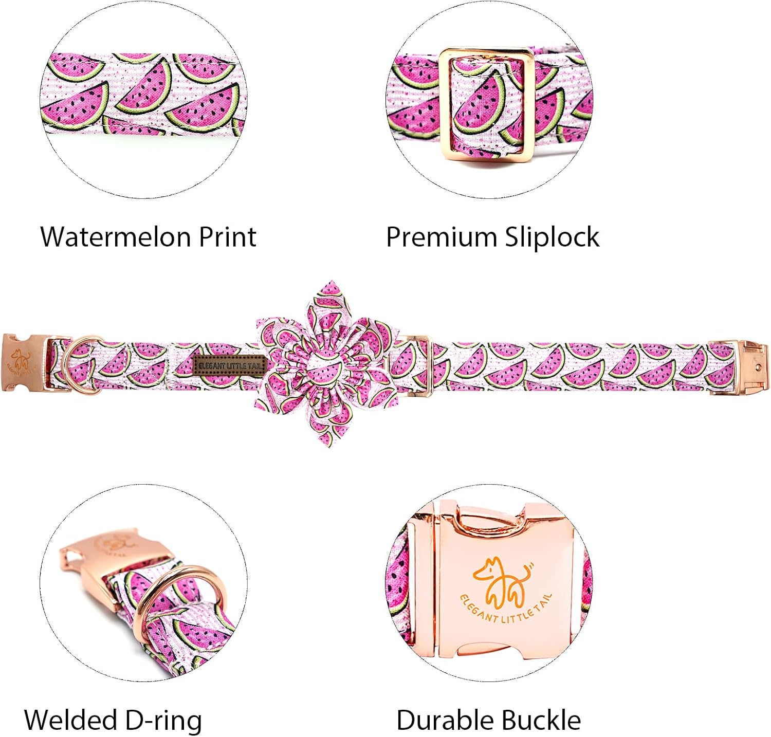 Elegant little tail Dog Collar with Flower, Watermelon Print Pet Collar Flower Pet Collars Summer Cute Adjustable Dog Collars for X-Small Dogs image 2