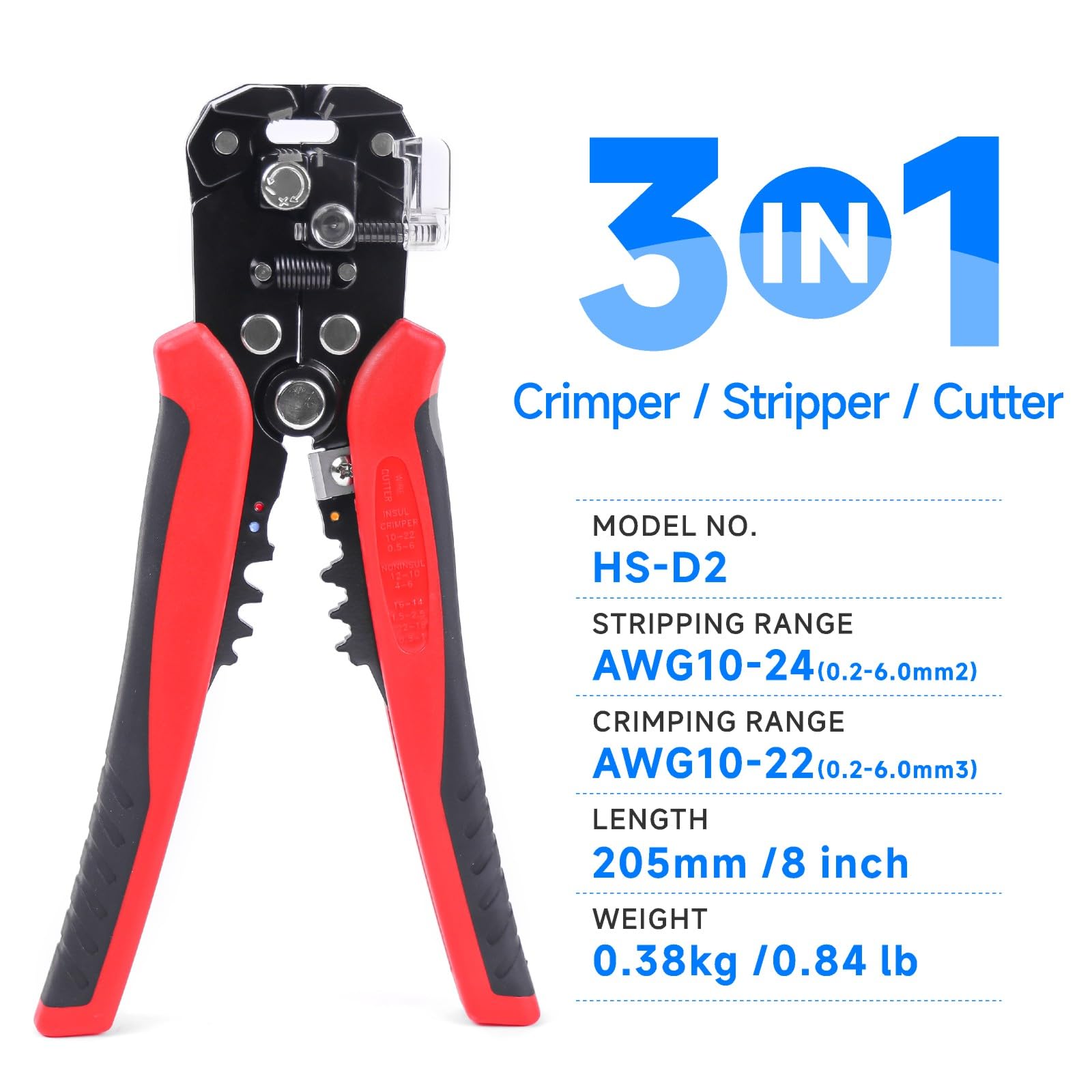 Electrician Tool WORKPRO 8-Inch Self-Adjusting Wire Stripper - 3-in-1 Tool  For Stripping, Cutting & Crimping Wires Electrical Wire Stripper Cutter