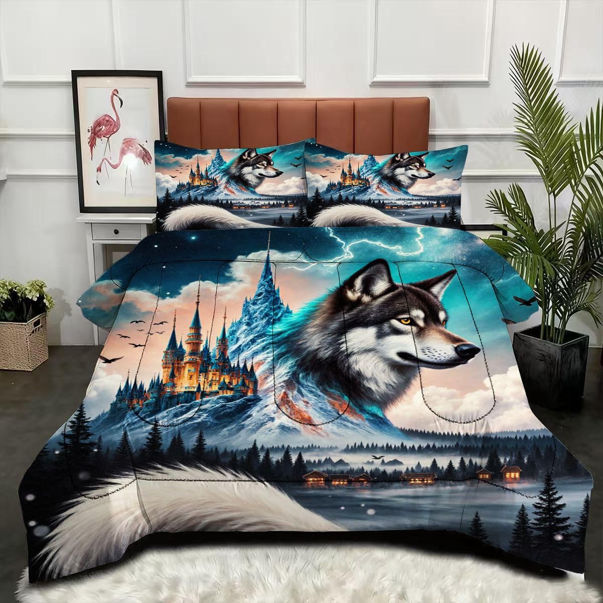 Couette 220 x 240 cm pour lit double parure de lit loup anti-glissement confort toutes saisons