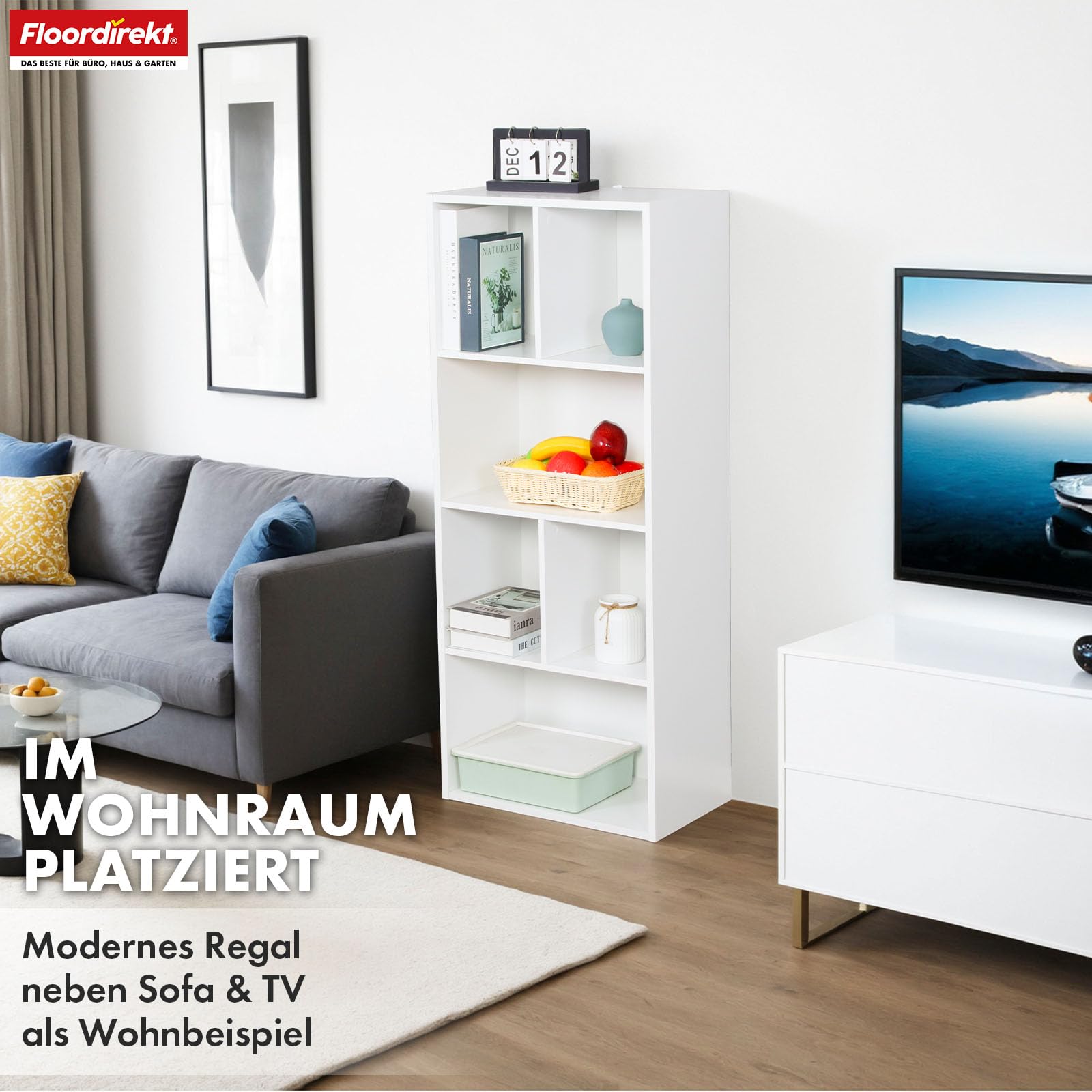 Floordirekt Regał na książki, biały z 6 półkami, regał w kształcie kostki, 29 x 50 szer. x 121 wys. cm, ścianka działowa do pokoju dziecięcego, salonu, biura i sypialni (California)