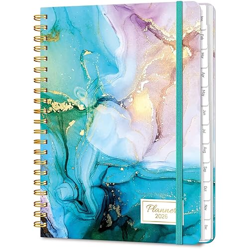 2026 Planner, A5 Weekly and Monthly Planners with Tabs, Spiral Bound Daily Calendar 2026 Planner, Agenda Organizers from Jan. to Dec., Hardcover Habit Tracker Journal 6.18" x 8.5"(Cyan Marble)