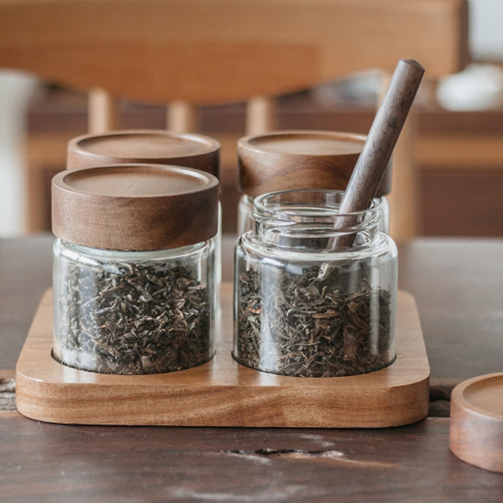 soulnioi Glass Jar with Lid Glass Containers With Bamboo Lids Coffee Storage Airtight Canister Petal Decorative Container Tea & Coffee Bean Sealer Acacia Wood Glass Storage Jar 580ml - Image 3