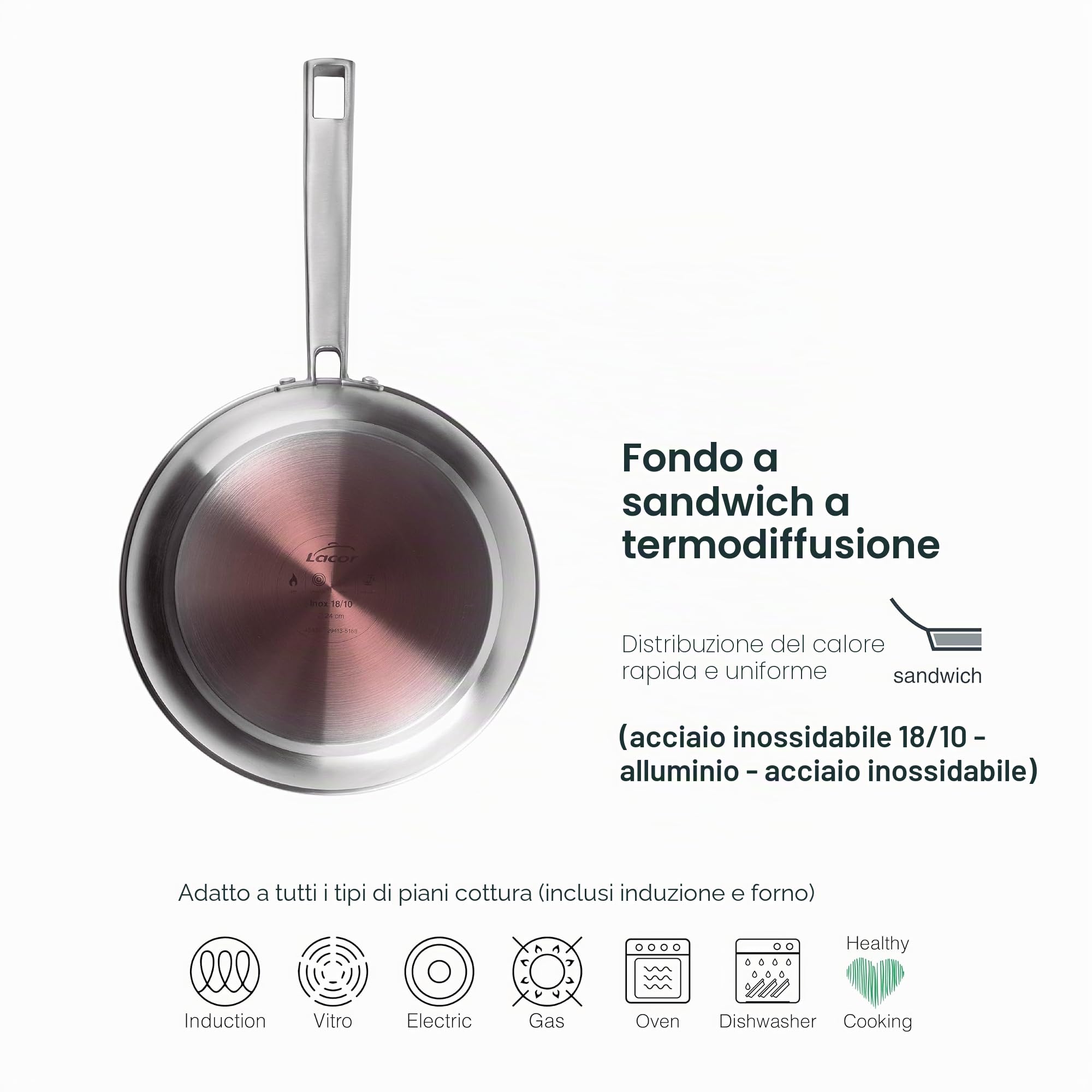 LACOR- 45430- Padella Foodie, Acciaio Inox 18/10, Antiaderente, Ergonomica, Naturale ed Ecologica, Compatibile con tutte le cucine, Compatibile con forno, Lavabile in lavastoviglie, 30x22x6,5 cm