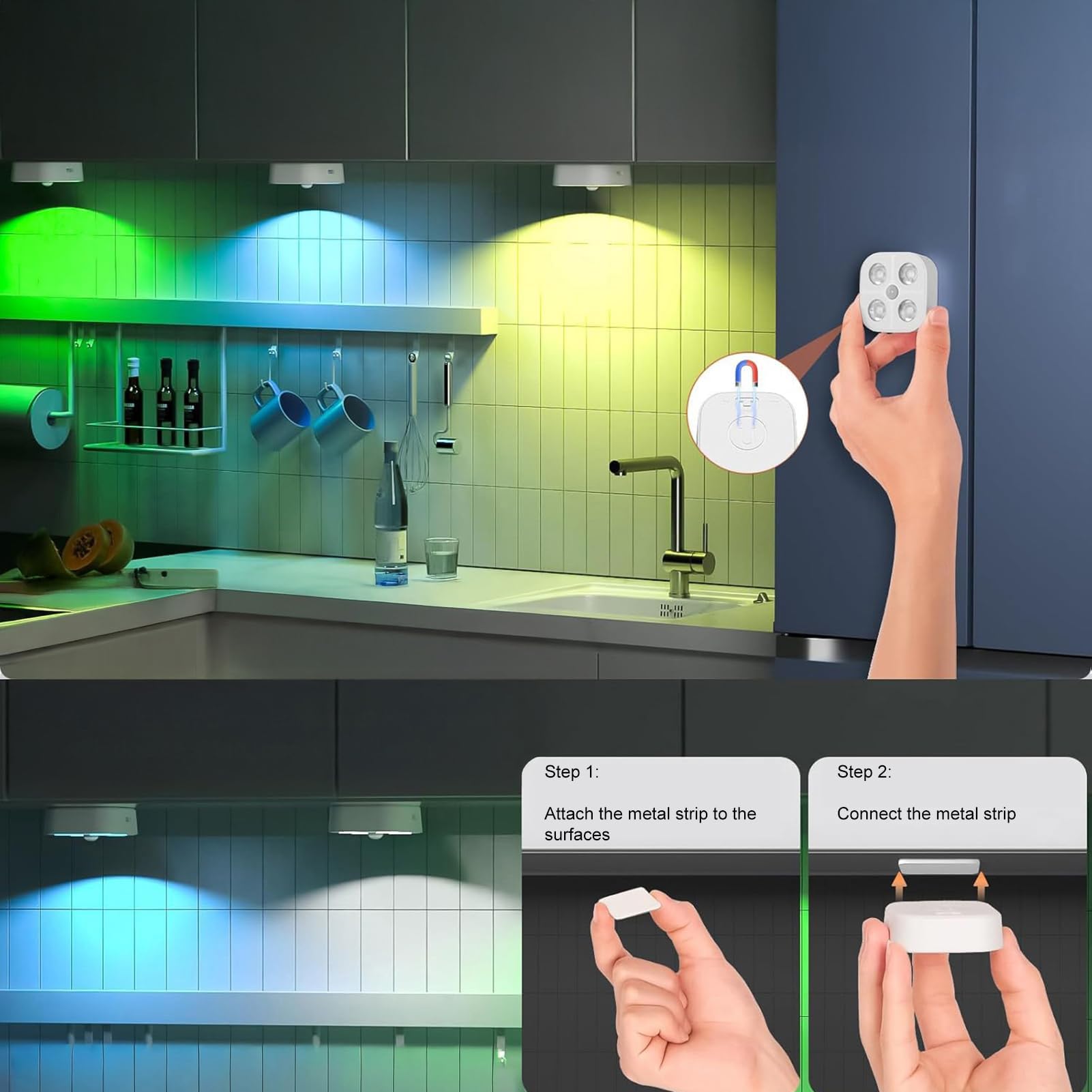 Luces de disco recargables con sensor de movimiento con estación de carga, iluminación magnética debajo del gabinete para dormitorio, sala de estar, pasillo, entrada, armario y armario