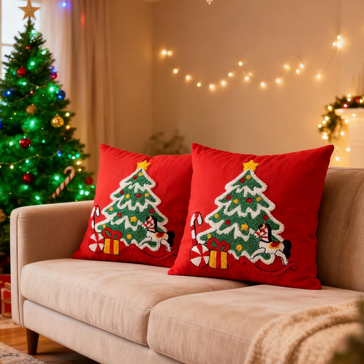 Set di 2 federe per cuscini ricamate con alberi di Natale, per divano, 45 x 45 cm, decorazione natalizia per la casa (rosso)