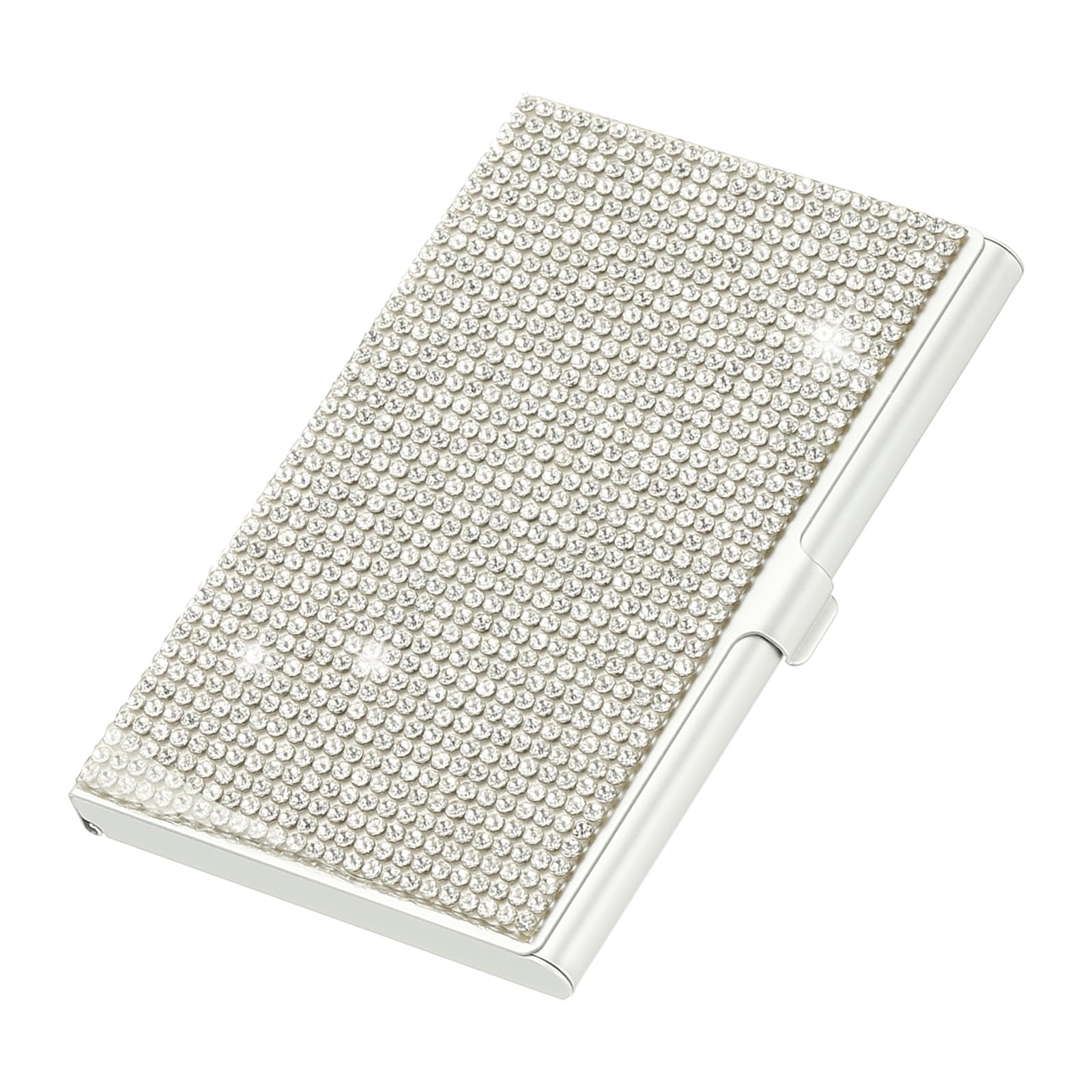 PATIKIL Rhinestone Business Card Holder, Alloy Name Card Holder Bling Pocket Card Holders Organizer Cards Display for Women Office Exhibition, Silver Tone