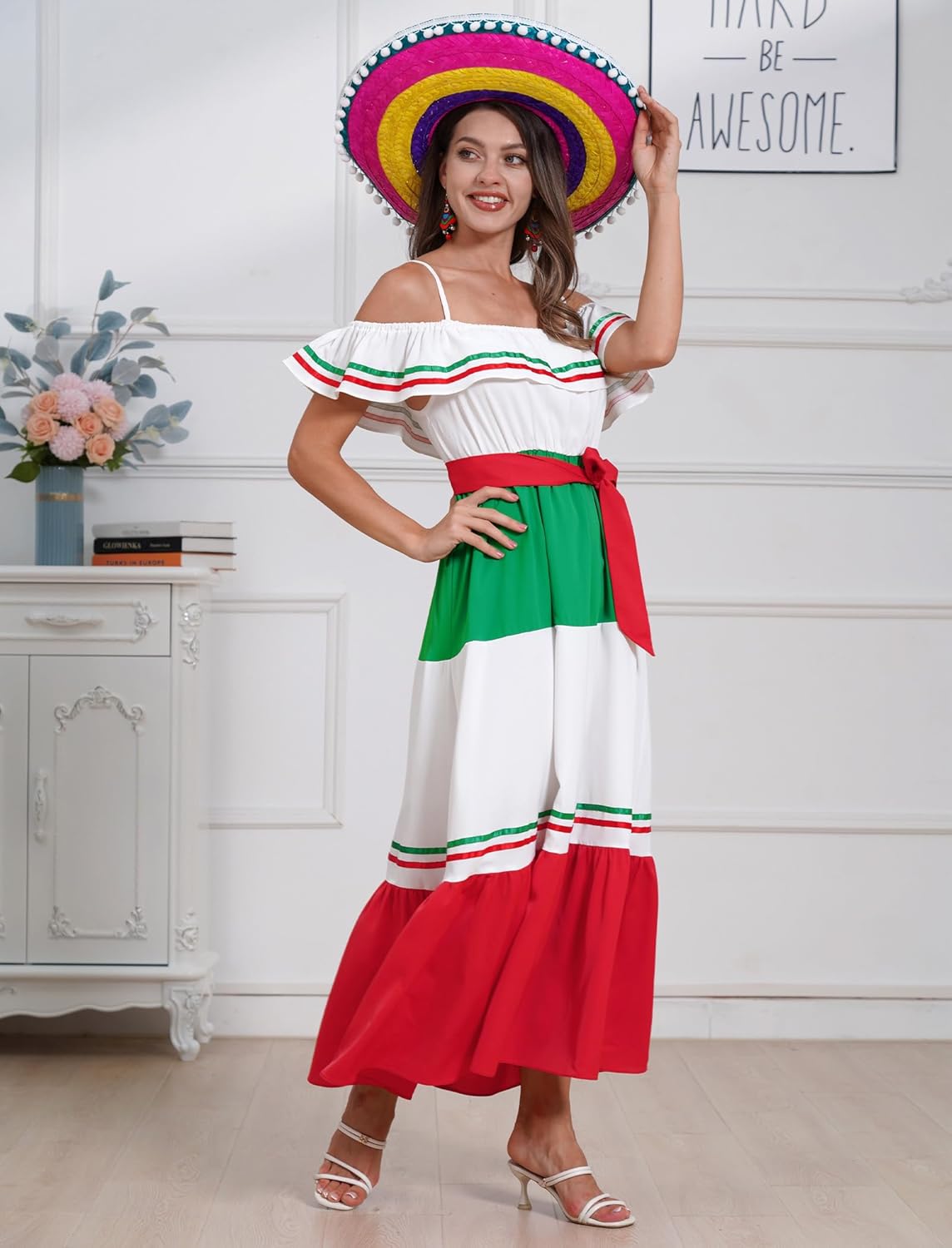 Mexican Dress for Women Mexican Traditional Folk Off-Shoulder Belted Ruffle Dress Cinco de Mayo Fiesta Costume
