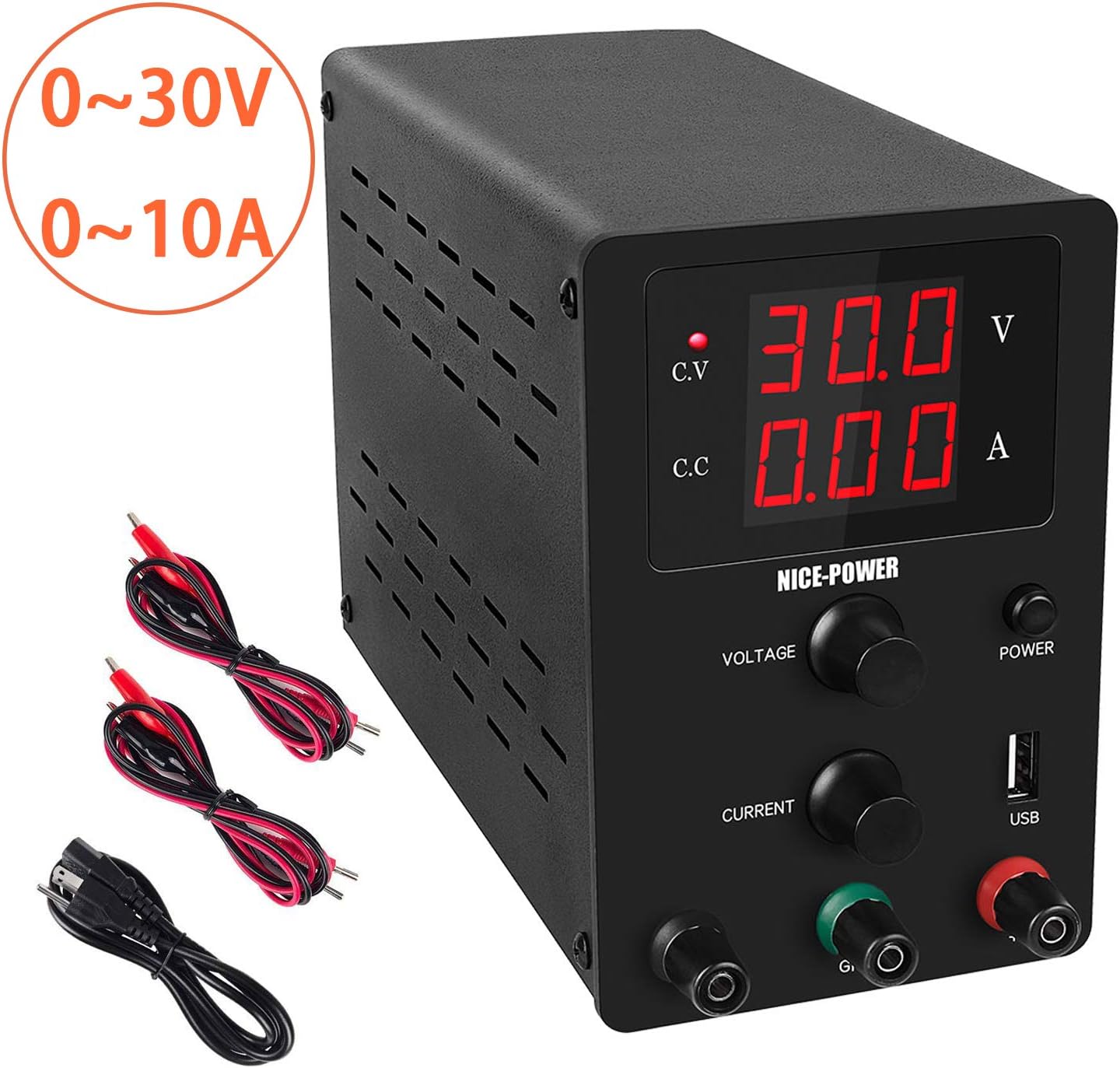 DC Power Supply Variable,0-30V / 0-10A Adjustable Switching DC Regulated Power Supply with Digital LCD Display and USB Interface 5V2A, Alligator Leads and US Power Cord Included (Black-30V10A)