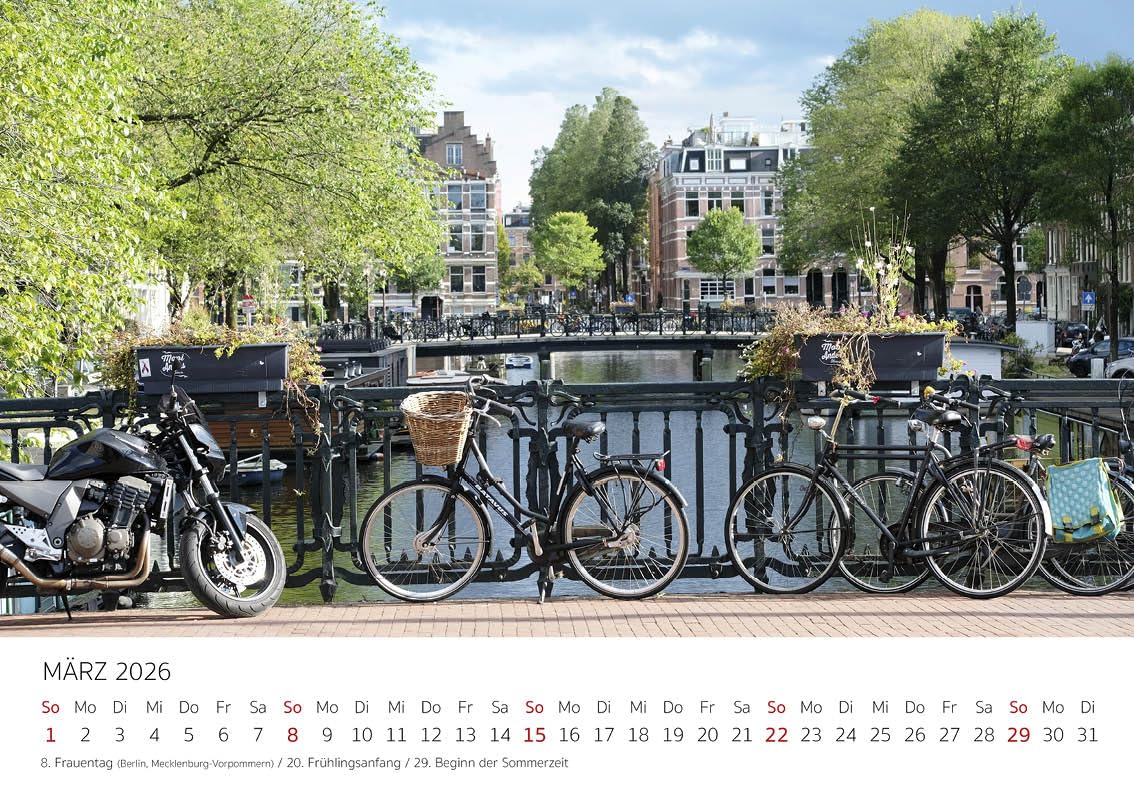 Edition Seidel Kalendarz premium Amsterdam na rok 2026, format DIN A4, kalendarz ścienny, Europa, Holandia, tulipany, kanały, mosty metropolia, panoramę