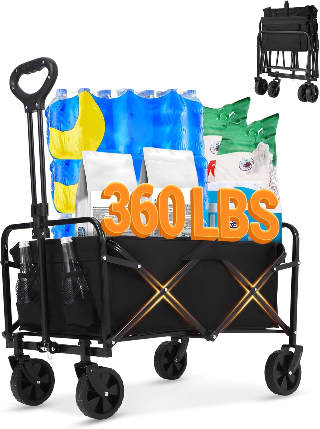 Wagon Cart Heavy-Duty 360LBS Foldable，All-Terrain Collapsible Utility Cart with 360° Wheels & Drink Holders for Beach, Camping, Gardening, Grocery (Black)