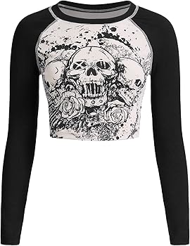 SOLY HUX Women's Y2K Shirt Gothic Long Sleeve Crop Tops Graphic Tees Skull Floral Print T Shirts