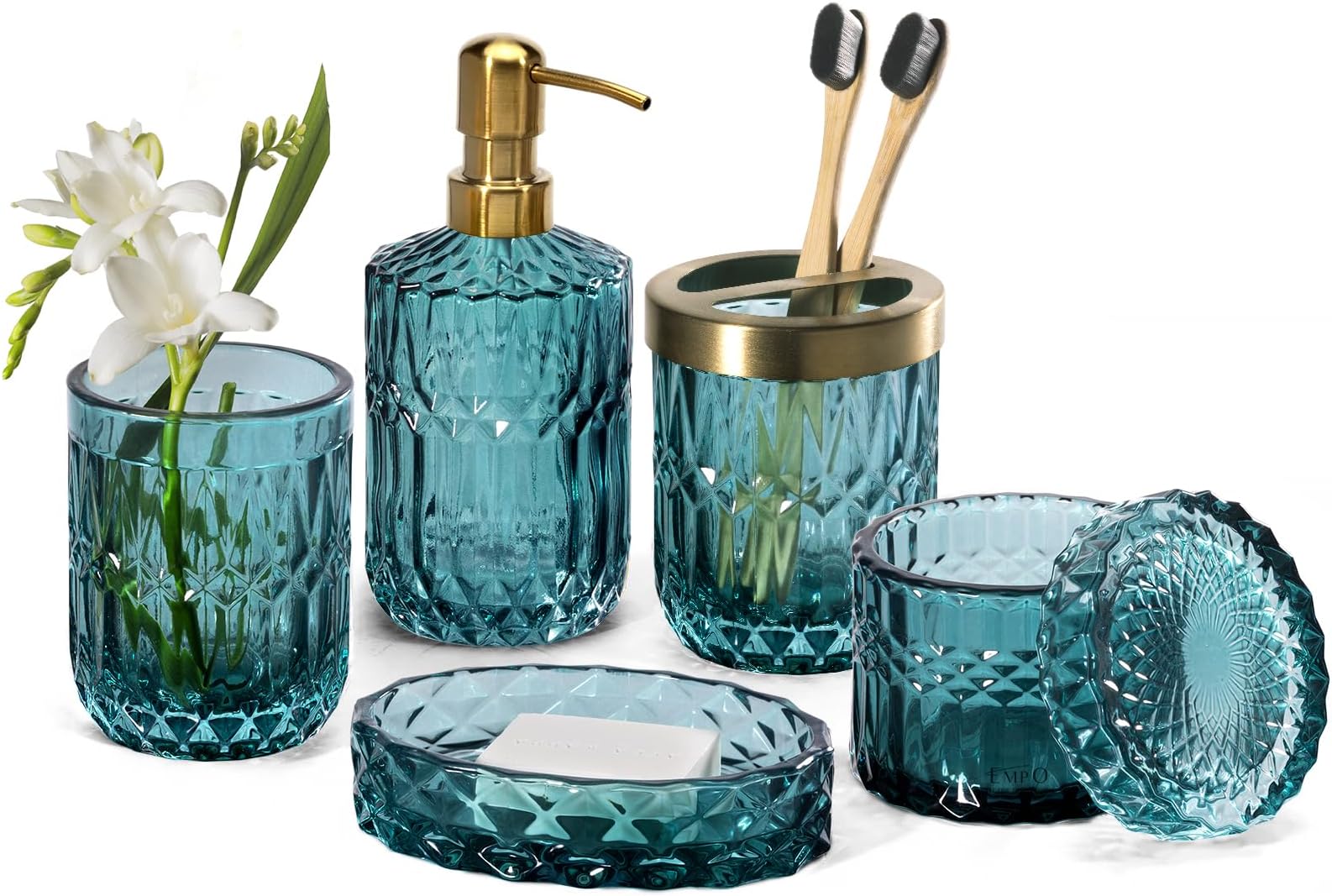 EMPO 6PCS Bathroom Clear Glass Accessories Set (Lotion Soap Dispenser, Soap Dish, Toothbrush Holder, Tumbler, Cotton Swab Jar), Contemporary Modern Decor Crystal Vintage Gift (6pcs Ocean Teal Blue)