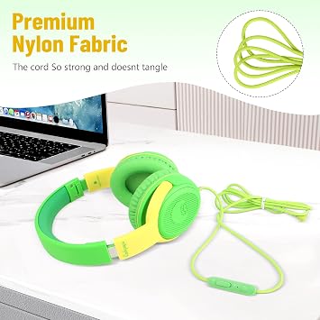 rockpapa Share 1 Kids Headphones with Mic & Share Port 85dB/94dB Volume Limit Foldable Wired Kids Youth Boys Girls Headphones for Kids School Travel Green/Yellow