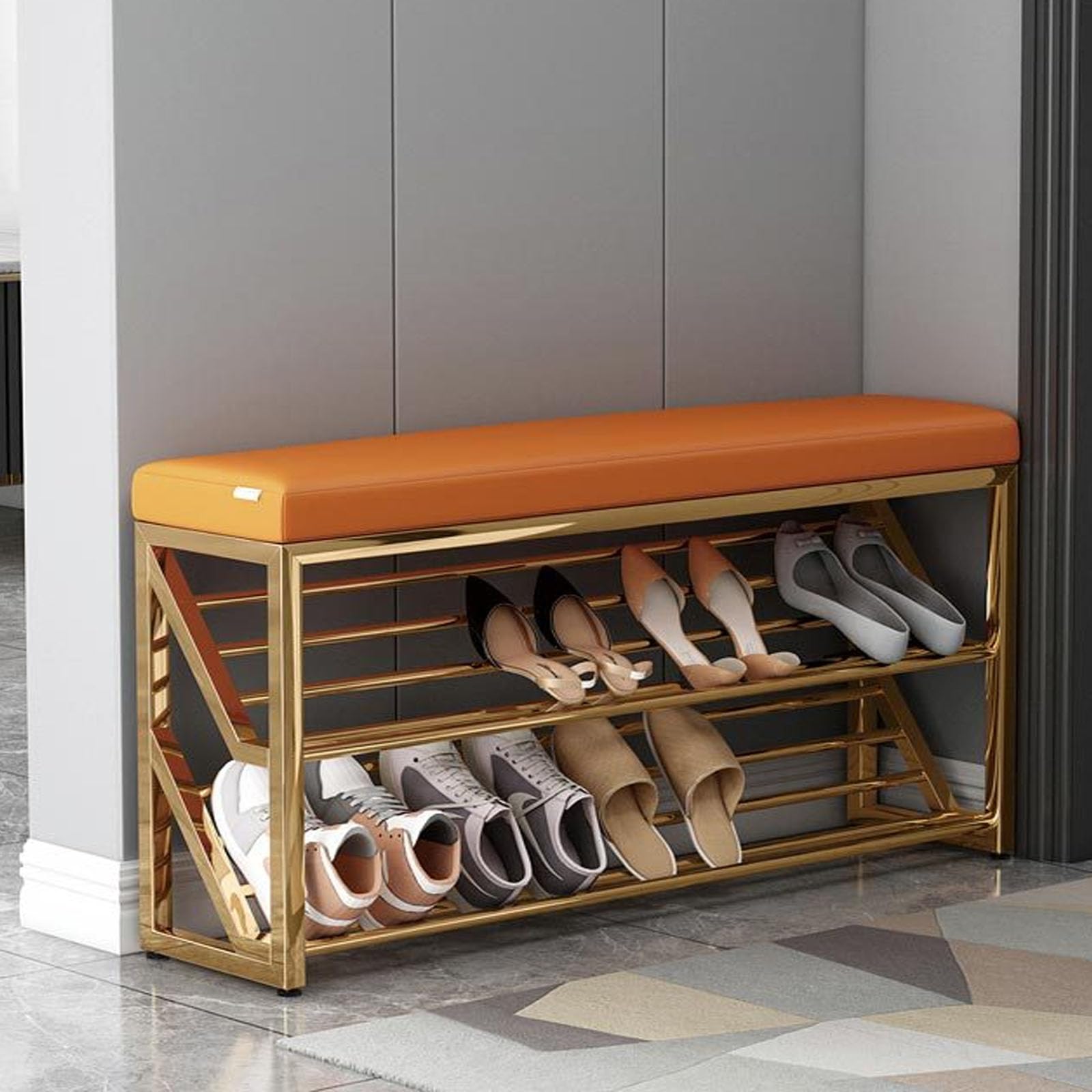 LWJSOCP 2-Tier Shoe Bench with Padded Cushion Small Entryway Storage Metal Leg Shoe Rack nizer Stylish Stool for Hallway Mudroom 120cm Space-Saving Solution