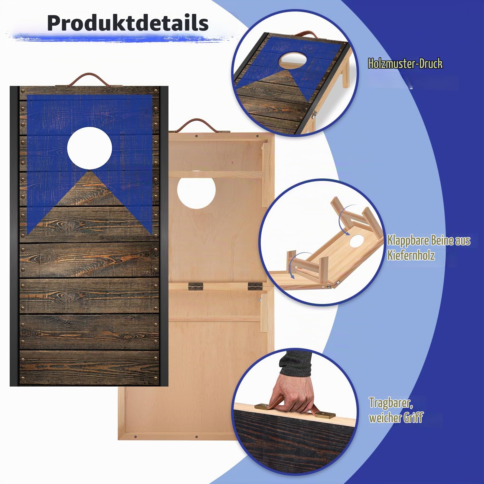 NZQXJXZ Cornhole Spiel Set aus Massivholz – 120 x 55 cm Faltbare Cornhole Bretter mit 8 Sitzsäcken und Einer Tragetasche, tragbare Sitzsack Wurfspiele, Corn Hole Spiele für Familie und Erwachsene