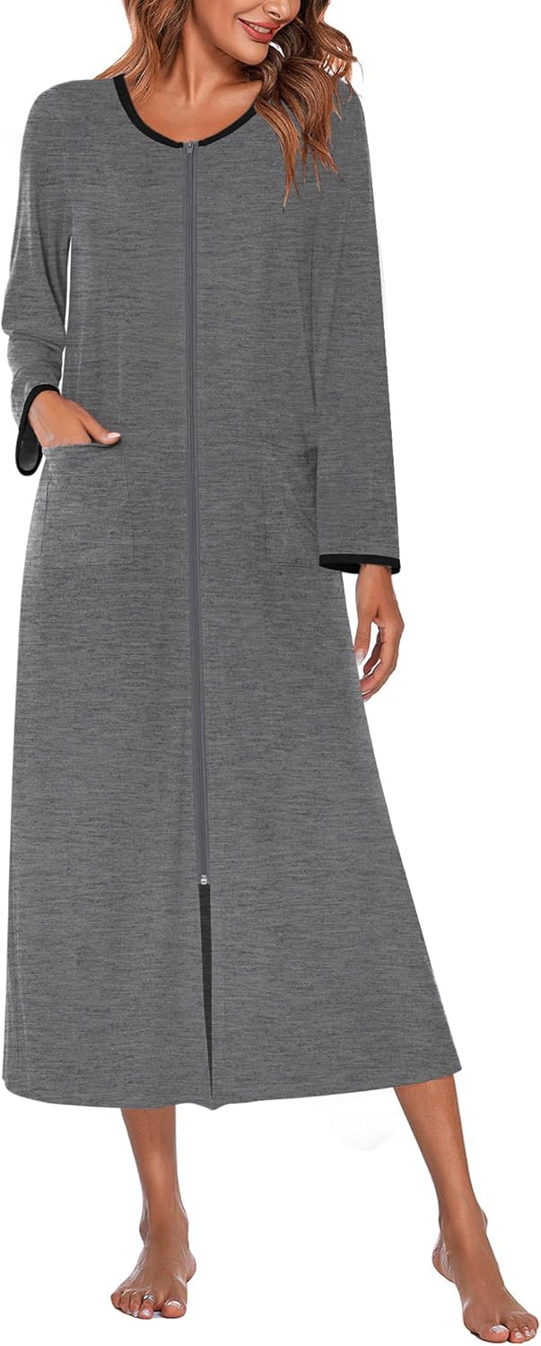 Ekouaer Women Long House Coat Zipper Front Robes Full Length Nightgowns with Pockets Striped Loungewear S-4XL