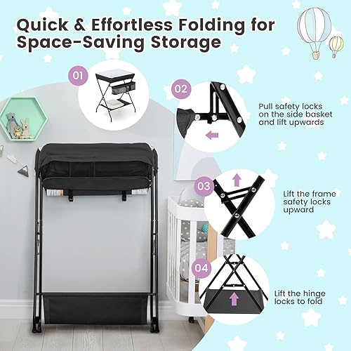 Vista 53 de HONEY JOY Cambiador, organizador móvil plegable con ruedas, altura ajustable, bolsa de almacenamiento y estante abierto, estación portátil para Gris