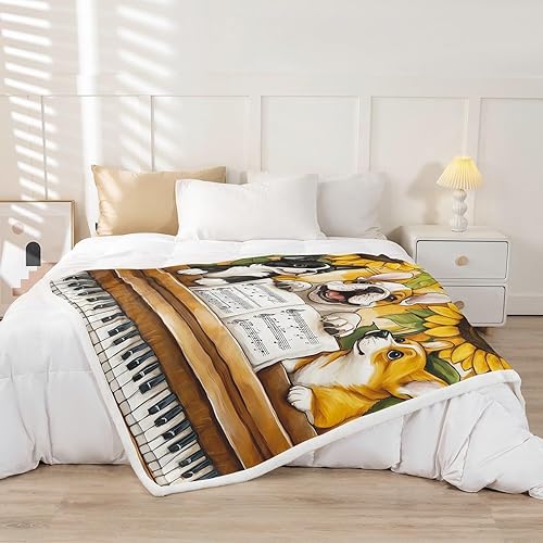 Miniatura 2 de Manfei Cute Dogs Throw Blanket Yellow Sunflower Fuzzy Blanket for Kids Boys Girls Room Decor, Retro Music Theme Blanket for Bed Couch Sofa, Soft and