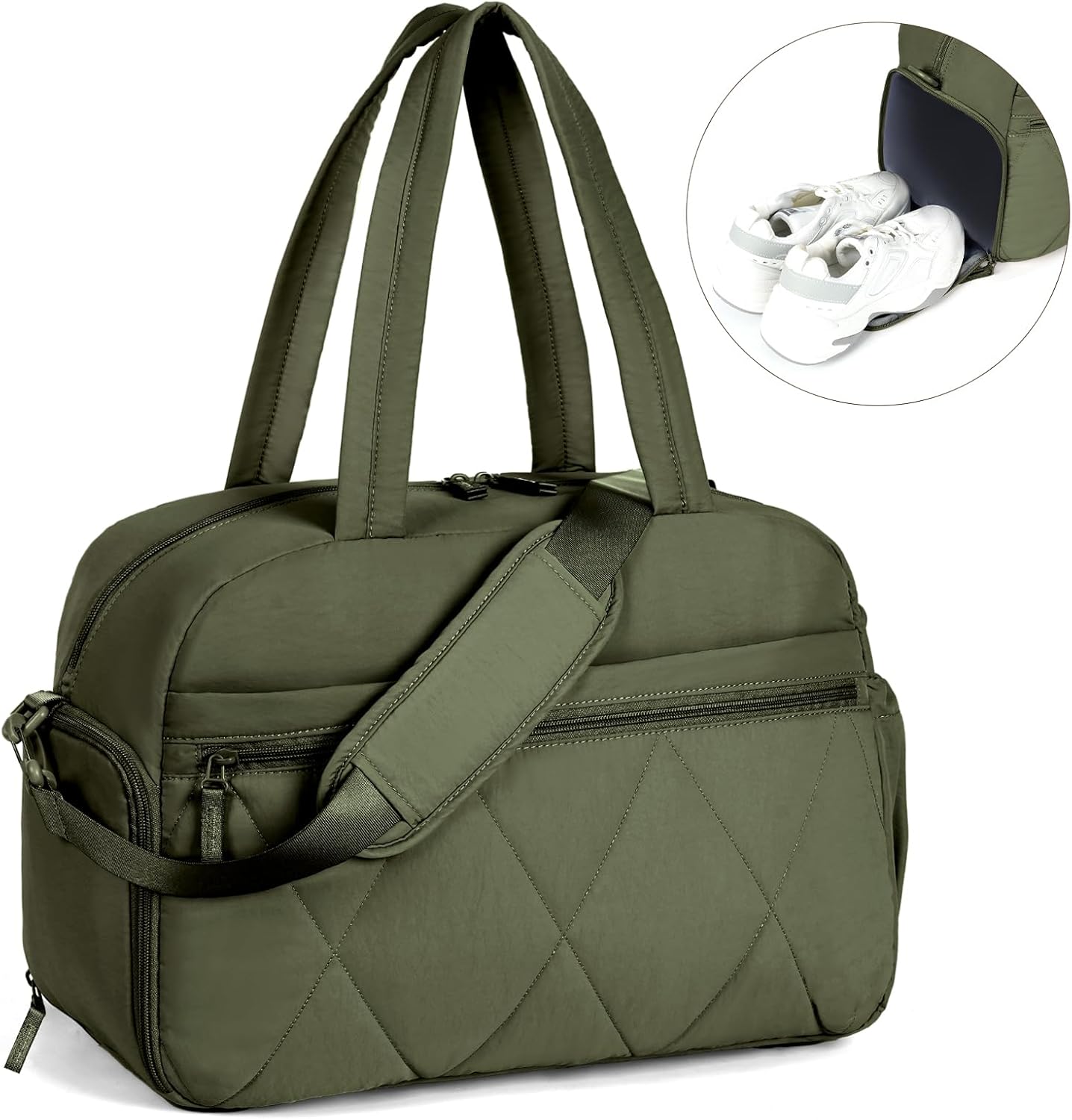 Gym Bag for Women, Puffer Travel Duffle Bag With Shoes Compartment & Wet Pocket, Carry On Tote Bag For Weekender, Overnight, Sport duffel bags for traveling (Green, Medium) - Image 8