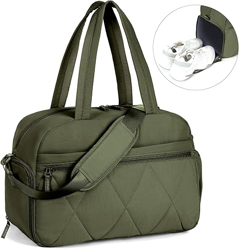 Miniatura 8 de Bolsa de gimnasio para mujer, bolsa de viaje acolchada con compartimento para zapatos y bolsillo para artículos húmedos, bolsa de mano para fin