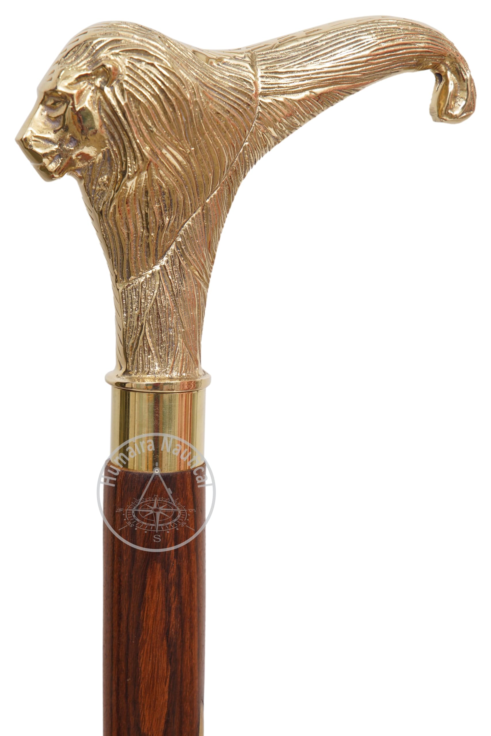 Antique-Inspired Walking Stick with Solid Brass Lion Head Handle - Handcrafted Wooden Cane for Men and Women