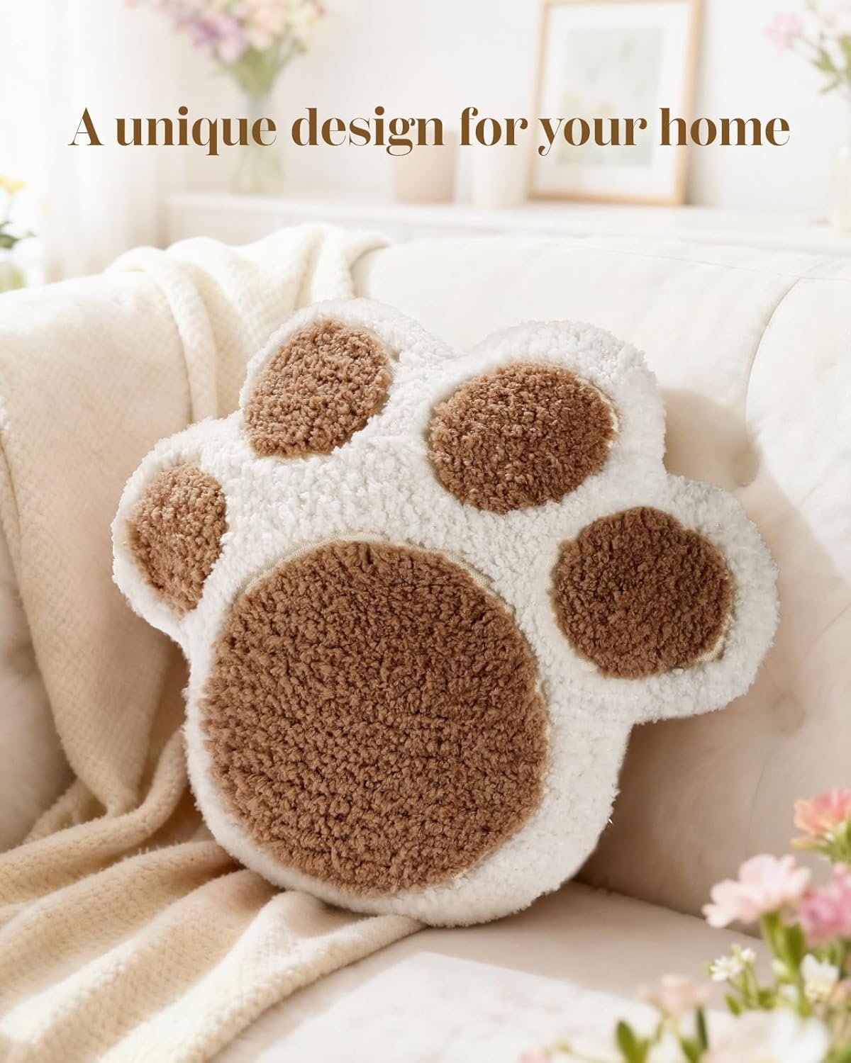 Paw Shaped Throw Pillow - Cute Decorative Plush Brown Animal Pillow for Couch, Sofa, or Living Room, 14.2" x 12.6" Soft Stuffed Dog Paw Cushion for Home Decor