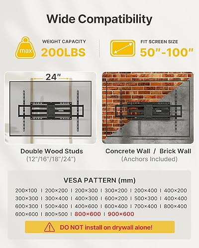 Miniatura 2 de monTEK Soporte de pared para TV de alta resistencia para televisores de 50 a 100 pulgadas de hasta 200 libras, 4 veces probado para carga, brazo