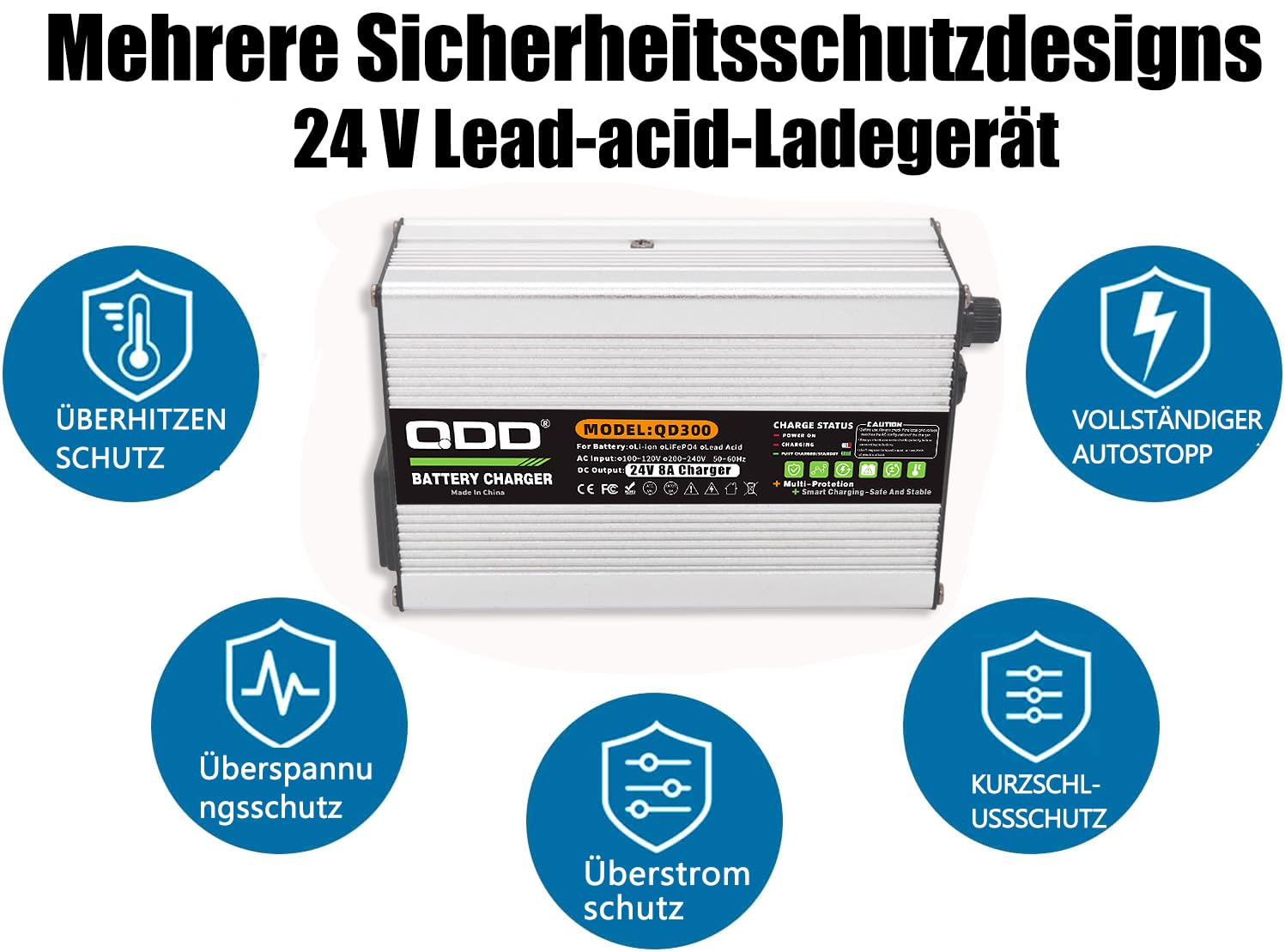 QDD Cargador de 24V 8 A Cargador de 27.6V de plomo-ácido para batería AGM-Gel-VRLA-OPZV de 24 V con conector XLR 1+2 de 3 polos