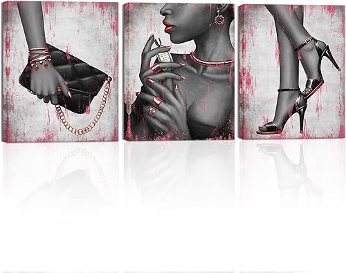 Visual Art Decor Moda elegante afroamericana mujer negra lienzo arte de pared oro rosa tacón alto zapatos collar perfume bolso pintura giclée
