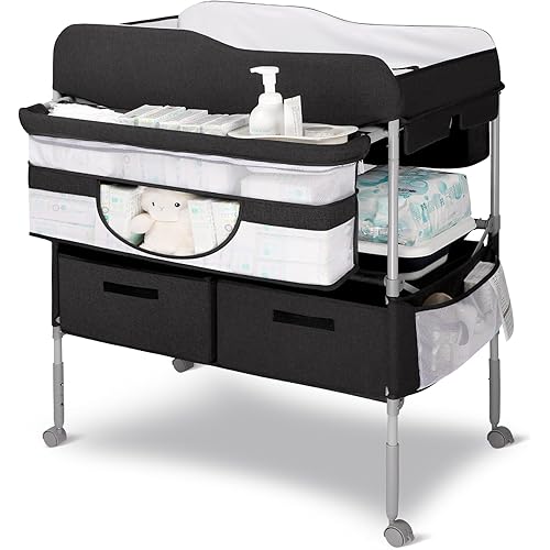 Portable Baby Changing Table with Wheels Adjustable Height & Folding with Waterproof Diaper Changing Table Pad Topper, Mobile Nursery Organizer & Storage Rack for Newborn Essentials (Black)