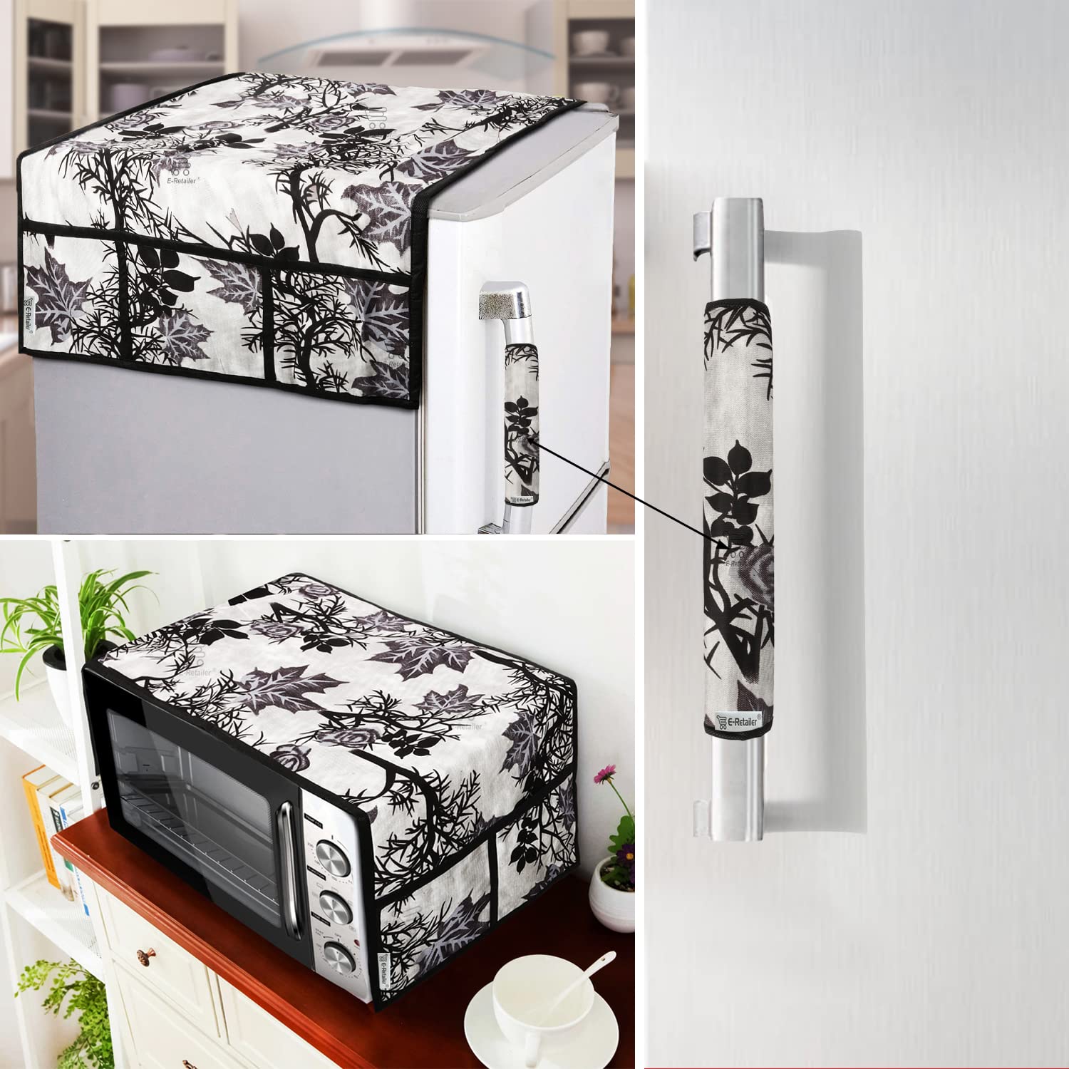 Combo Set of Polyester 3-Layered 1Pc Fridge Top Cover with 6 Utility Pockets, 1Pc Fridge Handle Cover And 1Pc Microwave-Oven Top Cover With 4 Pockets (Black, 3 Pc Set)