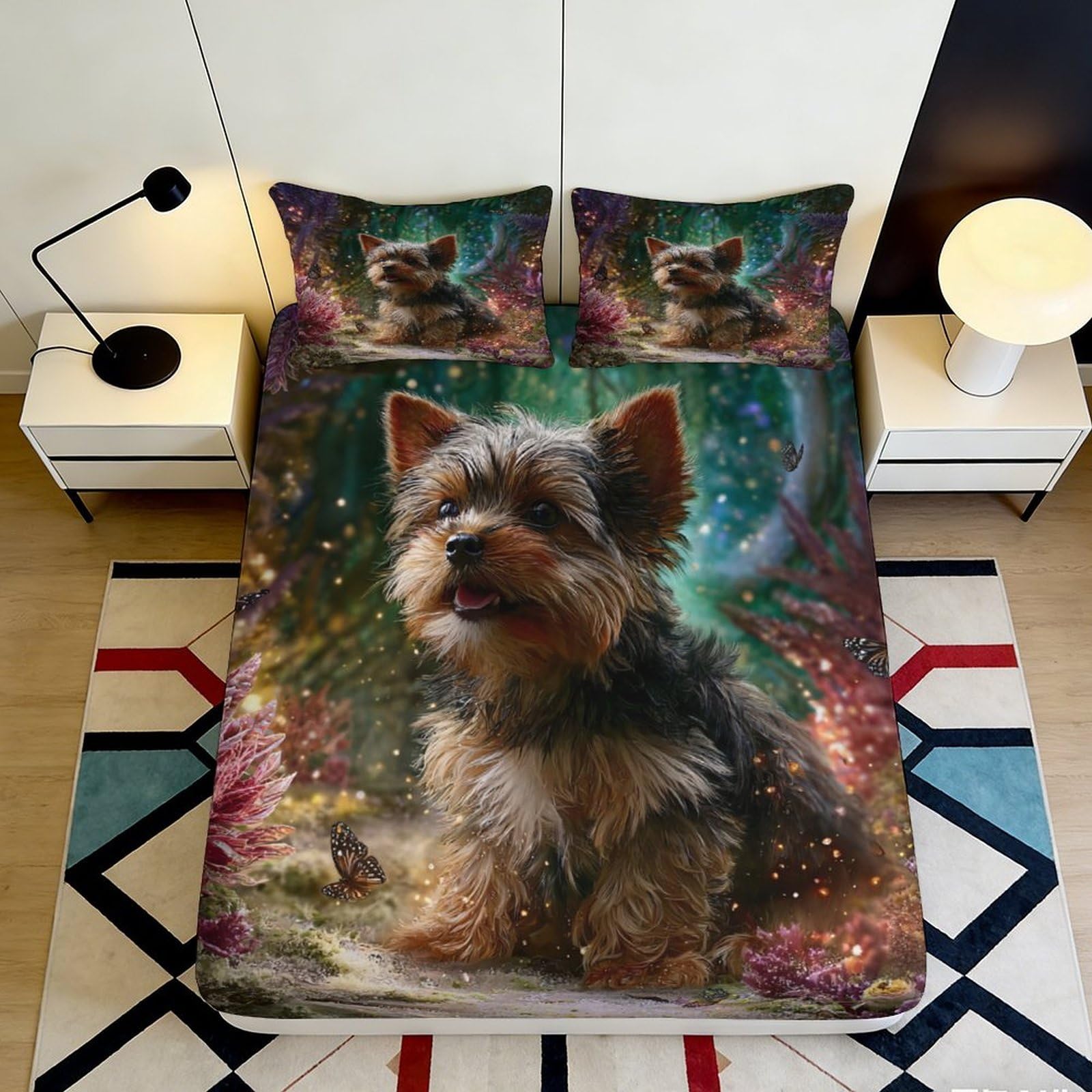 3D Printed Yorkshire Terrier Fitted Sheet Microfiber Soft Breathable Butterfly Bed Cover for Bedroom Dorm Decor 90x200x25cm