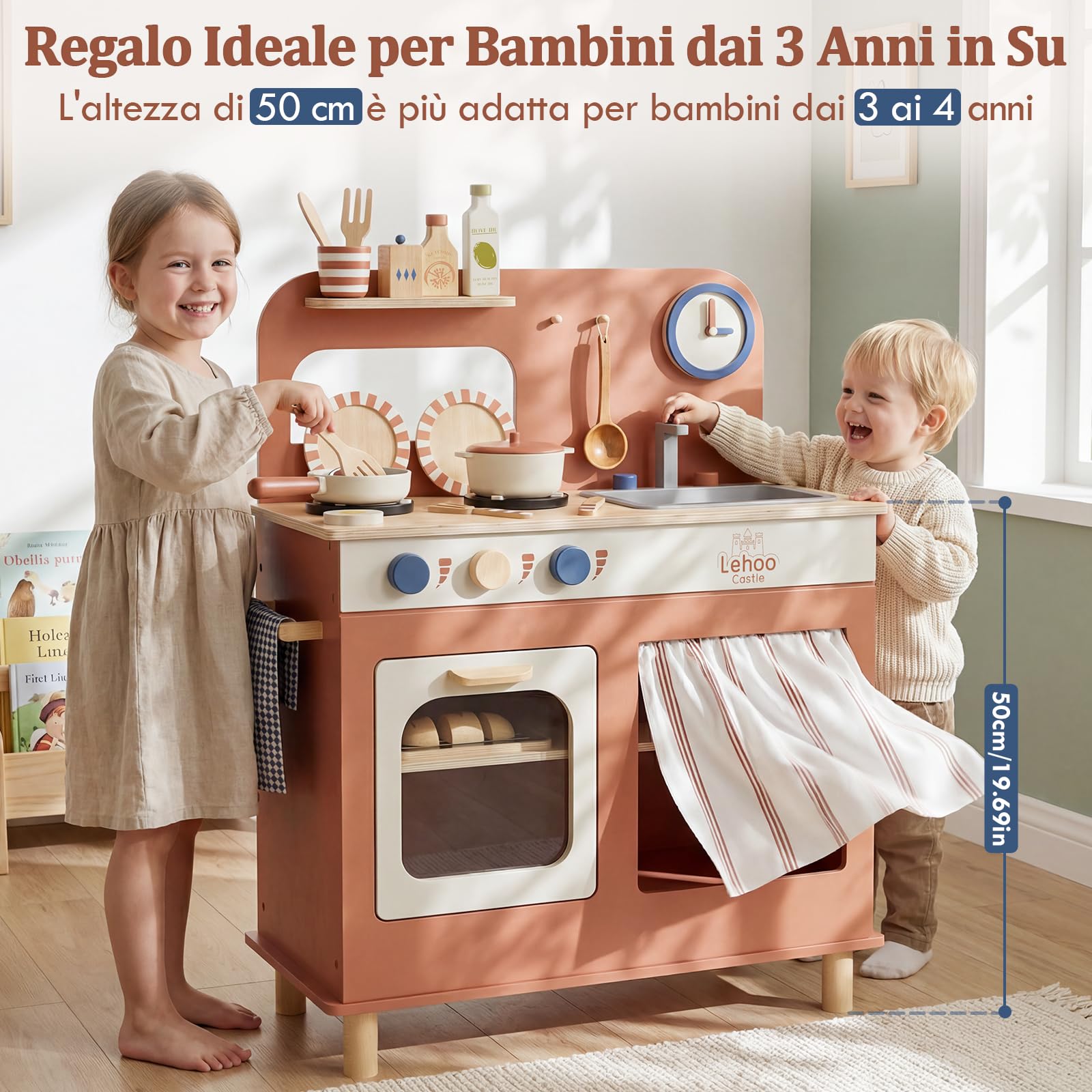 Lehoo Castle Cucina Giocattolo per Bambini, Cucina Legno per Bambini con Fornello, Cucina Bambina con Pentole e Padelle, Giochi di Ruolo per 3+ Anni