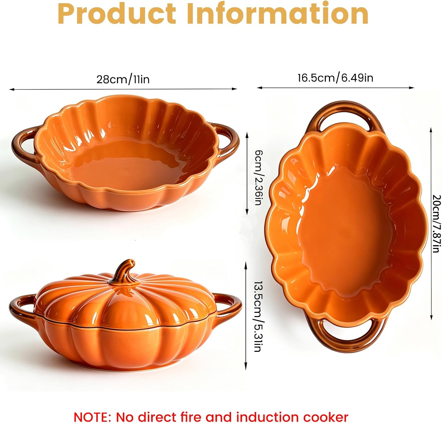 Pumpkin Casserole Dish with Lid, Orange, Oven Safe,8.3" x 2.4"
