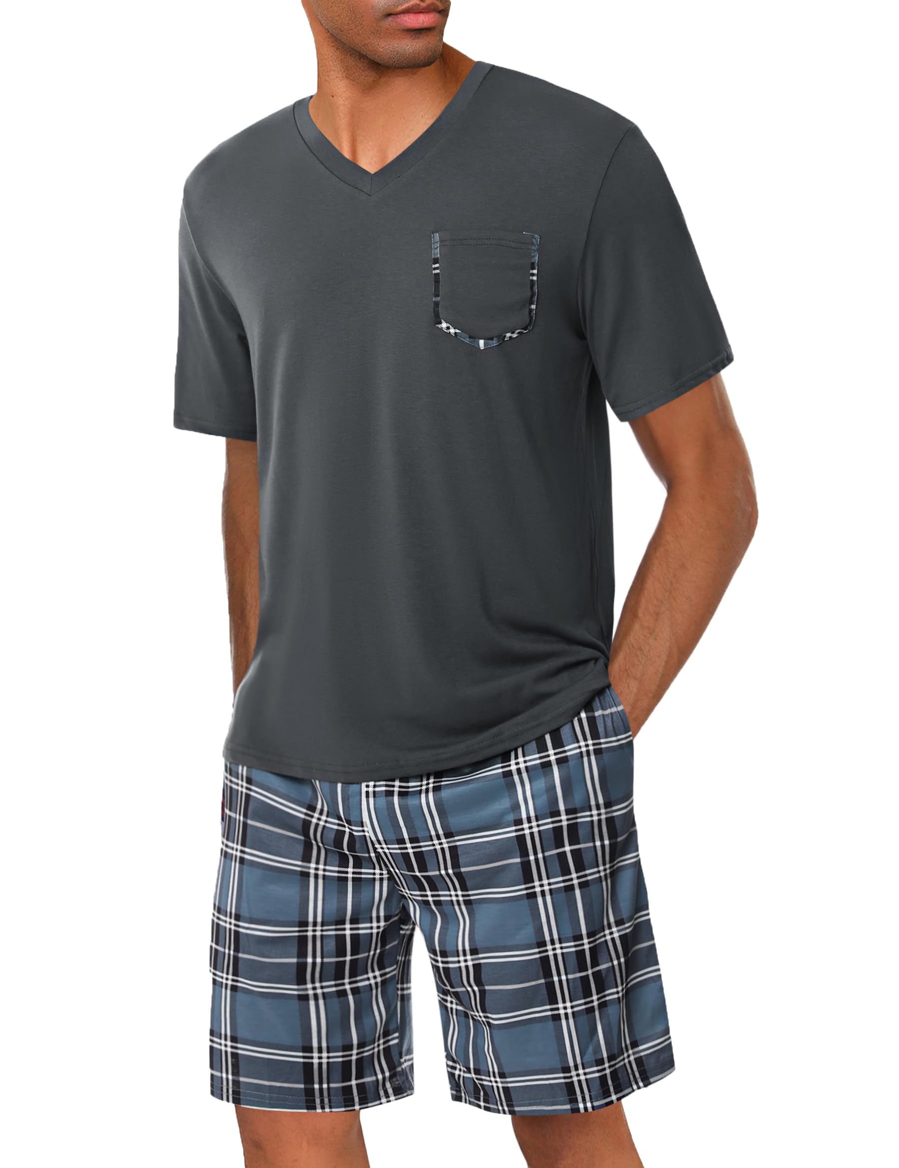 Uniexcosm Schlafanzug Herren Kurz Pyjama Set Baumwolle Zweiteiliger Kurzarm Nachtwäsche Oberteil und Karierte Kurze Hosen Sleepwear für Sommer