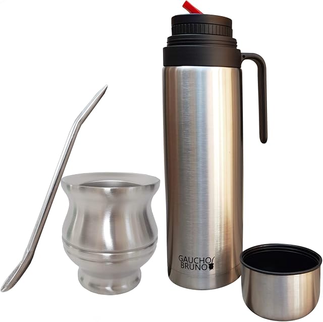 Gaucho Bruno - Stainless Steel Thermal Mate for Drinking Yerba Mate, Bombilla Straw and 1 Litre Flask with Red Pouring Spout | Easy to Clean | Comfortable to Hold | Brushed and Polished | Keeps Warm