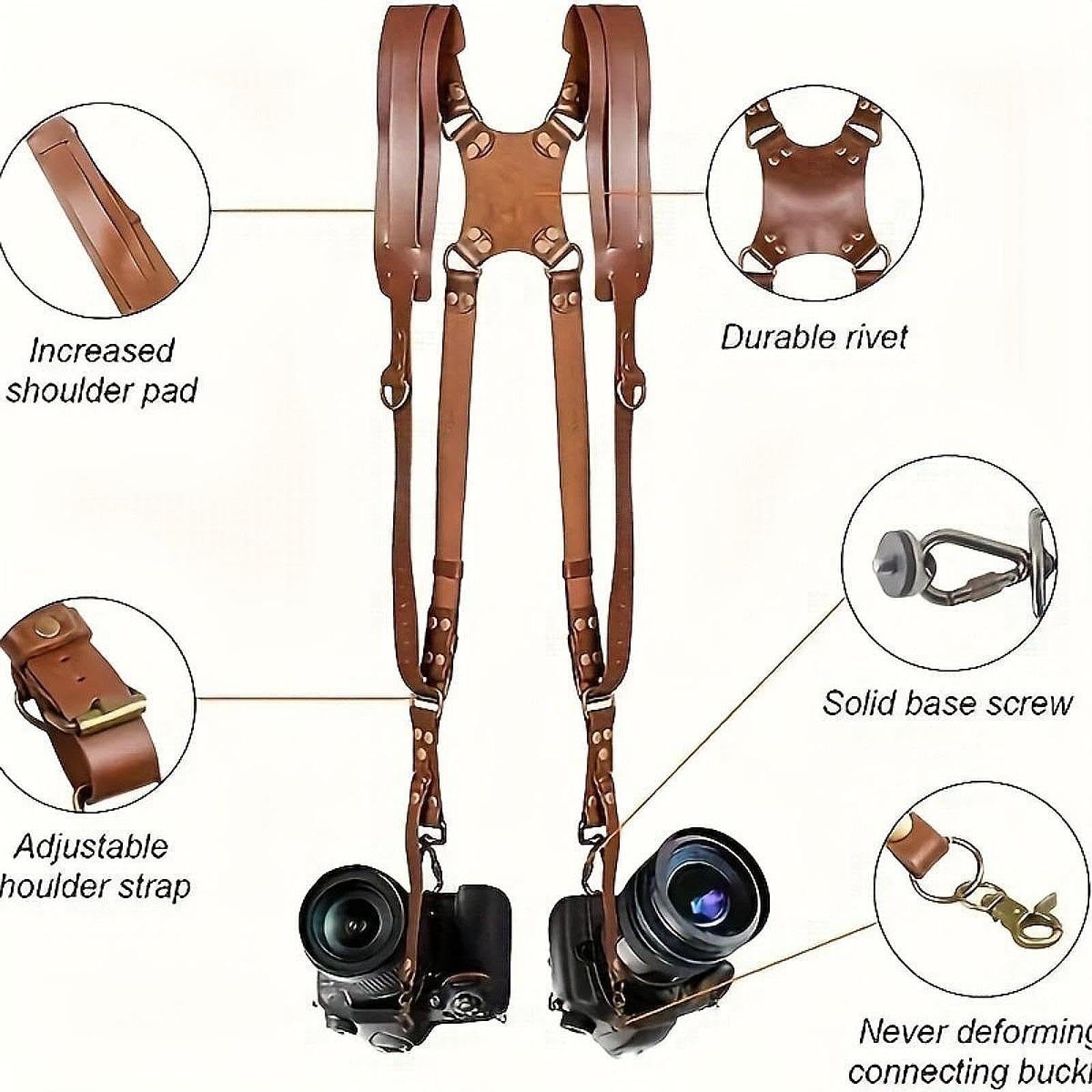 Tracolla Doppia Regolabile per Fotocamera, Ideale per Viaggi, Matrimoni, Marrone