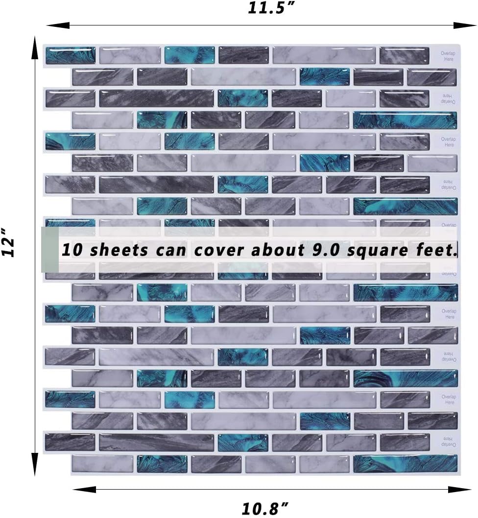 10-Sheet Peel and Stick Backsplash Tile for Kitchen- 12" x 11.5" Premium Stick on Kitchen Backsplash Wall Tiles (Blue)