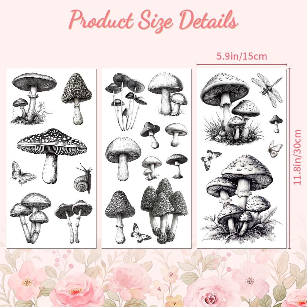 Peacoblue Rub on Transfer Decal Sticker for Furniture Craft Decor 6"x12" Vintage Black and White Mushrooms - Image 2