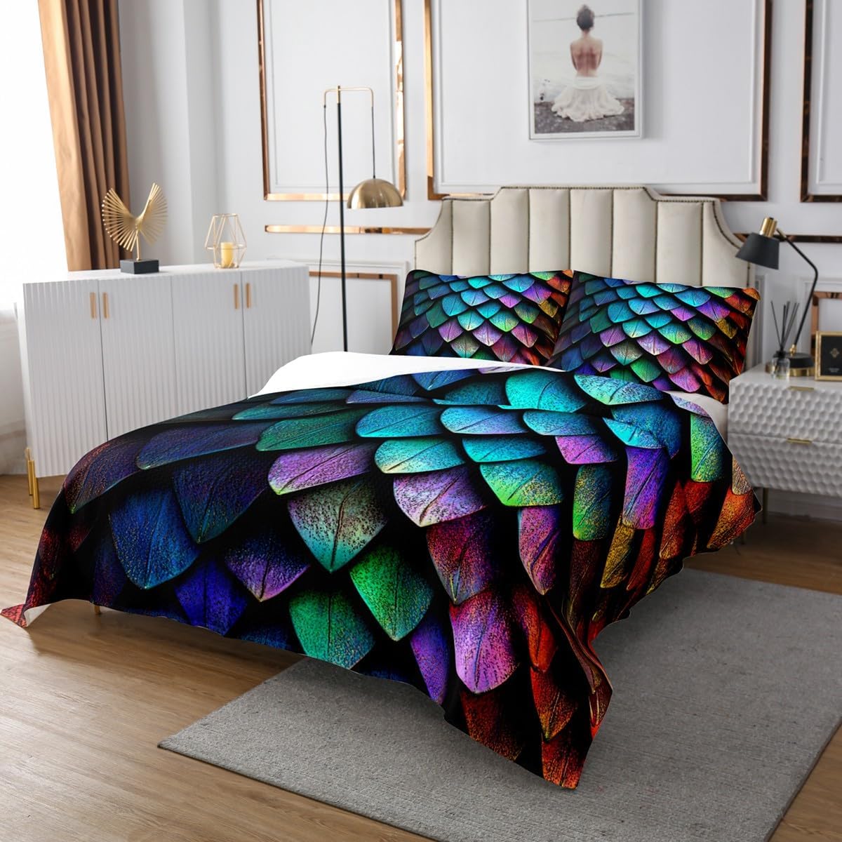 Erosebridal Dragon Scale Bedspread King Size Trippy Wild Animal Skin Quilted,Glitter Psychedelic Animal Hide Coverlet Set Novelty Wild Safari Theme Wildlife Room Decor,Teal Blue Green Purple