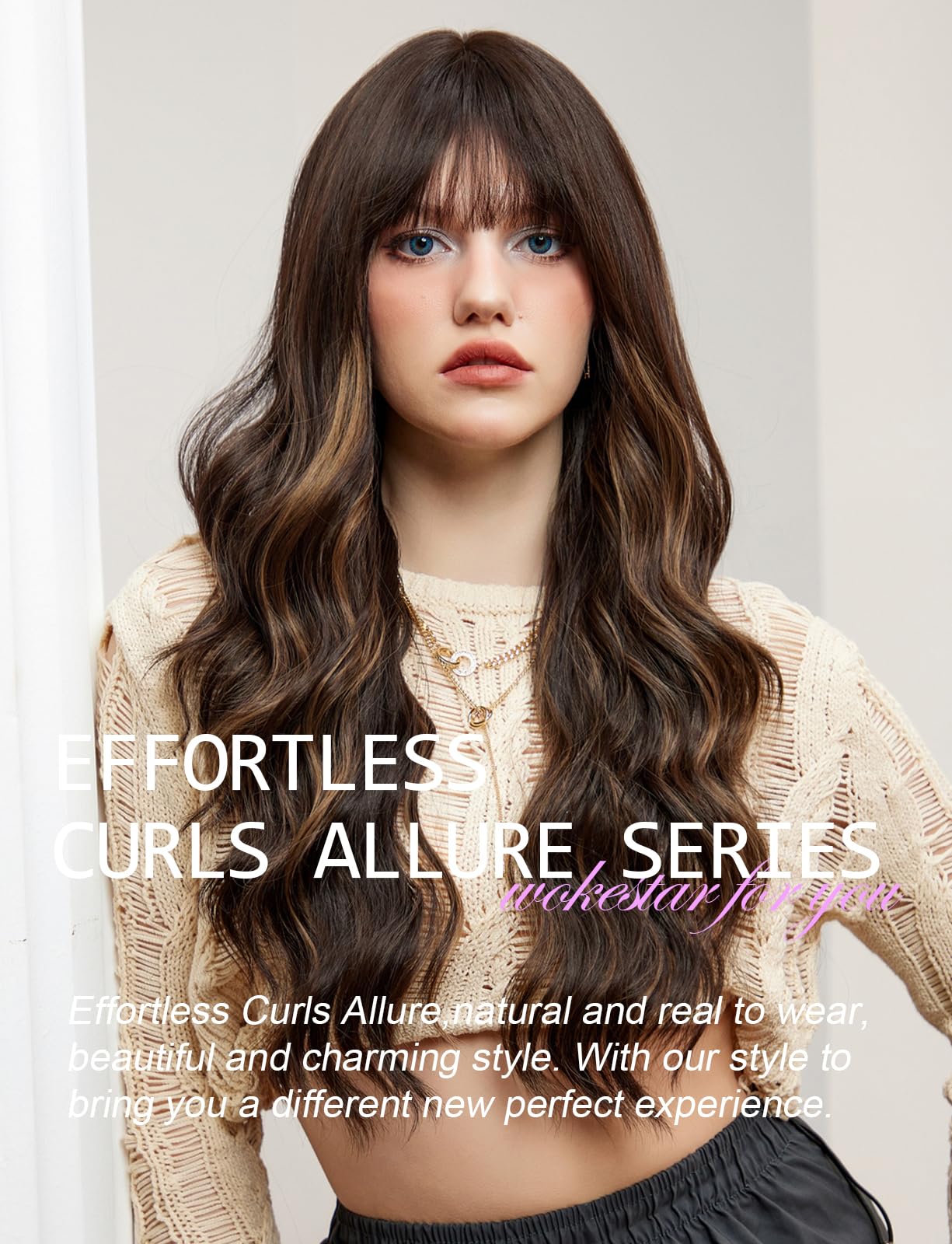 WOKESTAR Long Dark Brown with Highlights Wigs for Women Synthetic Hair Wavy Wig with Fringe, average size - Image 3