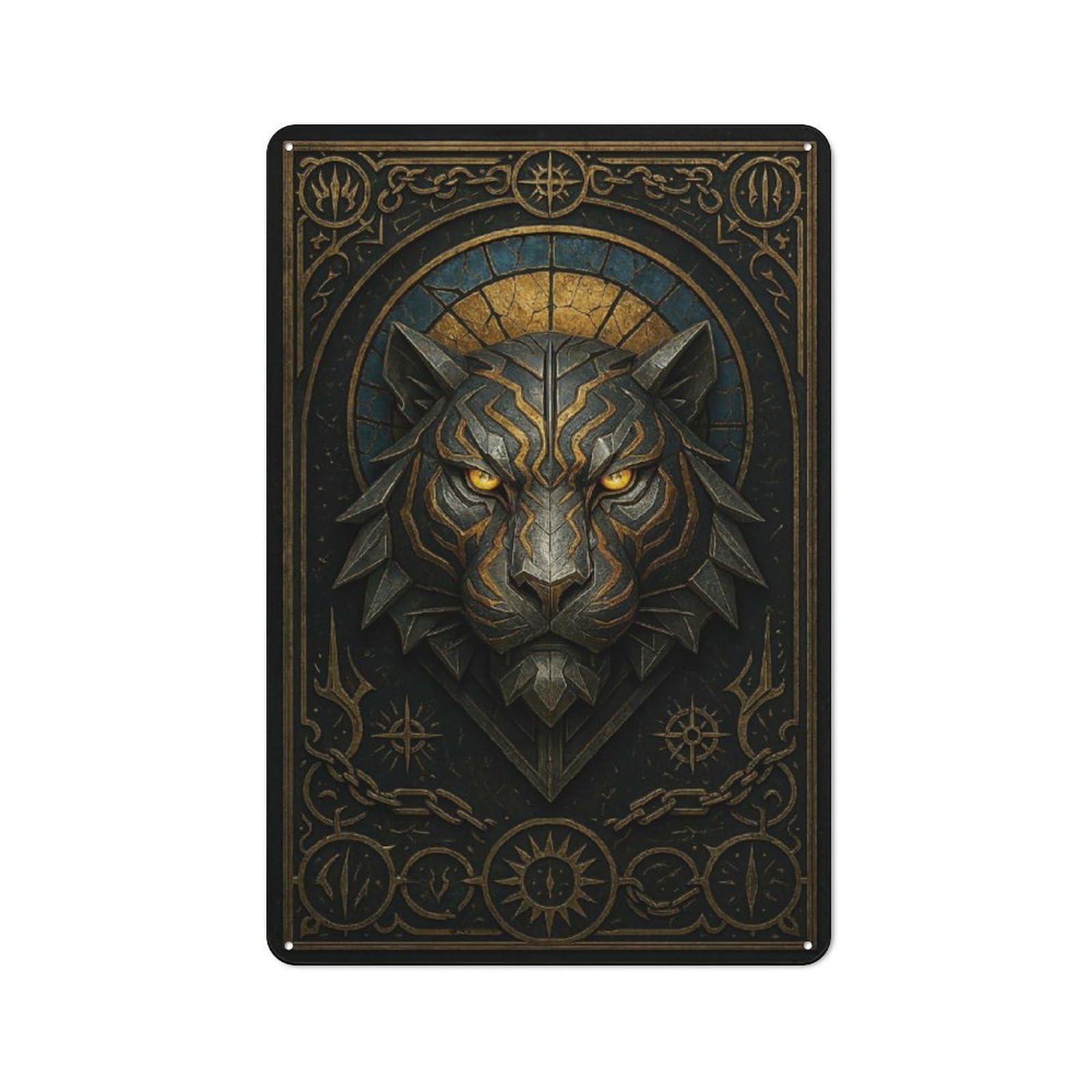 Tiger Head in Chains – Gothic Fantasy Warrior Decorative Tin Plaque 30x20cm, Decorative Novelty Wall Art for Hallway, Home Bar, Garage Or Study