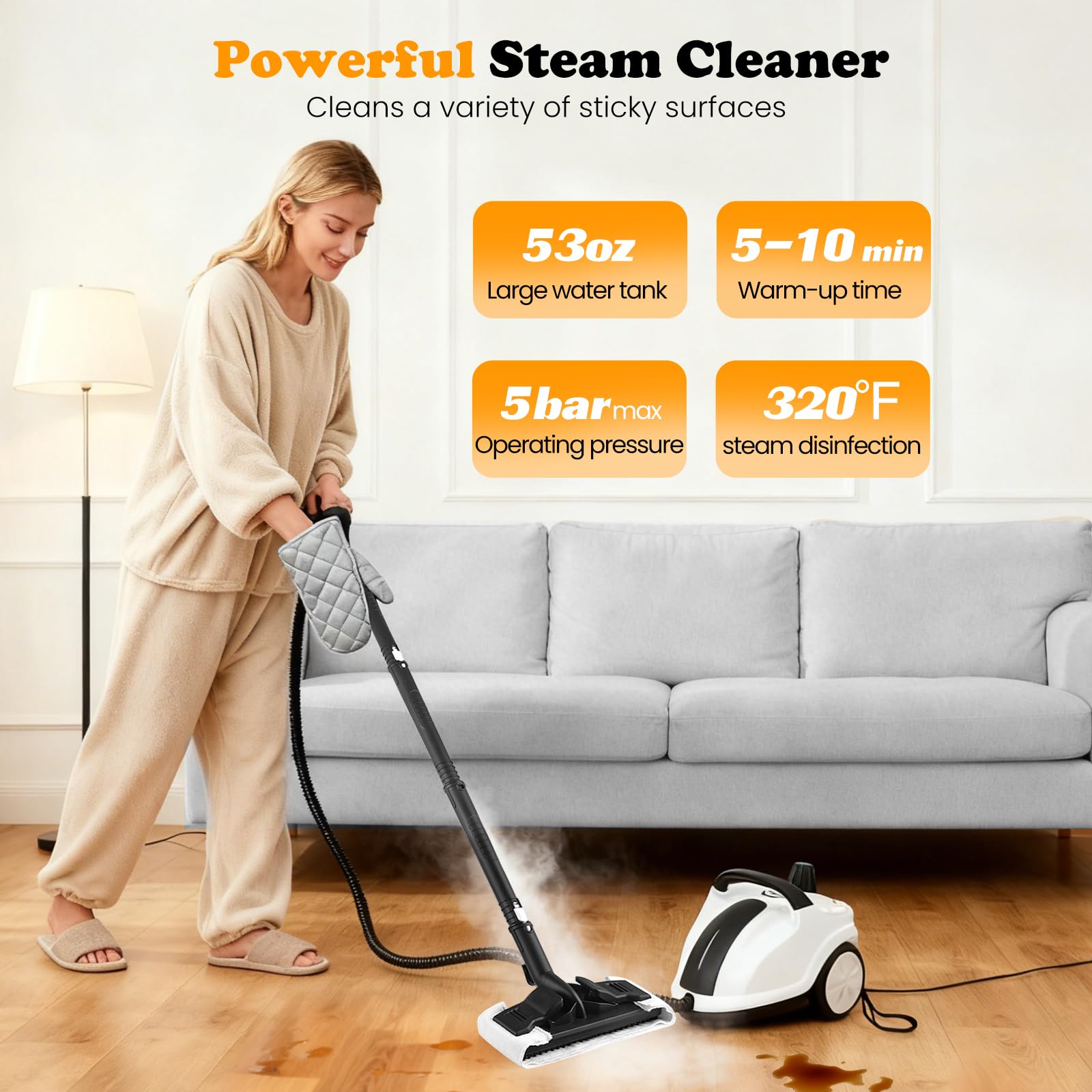 Vaporeta Limpieza Hogar 5 Bar, 2000W Limpiador a Vapor Portátil 222°C con 19 Accesorios, Vaporeta de Mano con 2L Depósito de Agua, 5 Min Calentamiento, Máquina de Vapor para Cocina Baño Coches