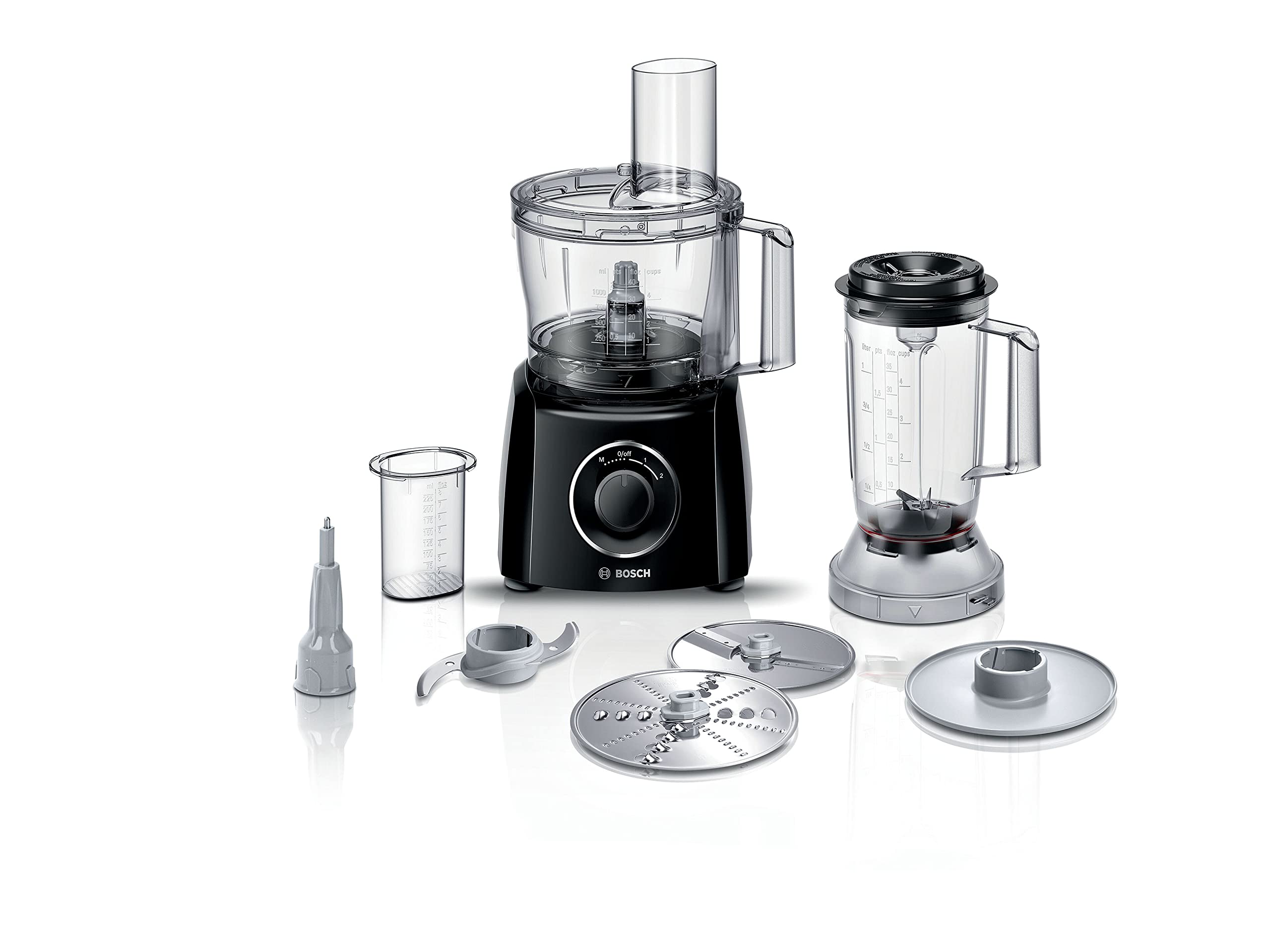 Bosch MultiTalent 3 MCM3201BGB 800W 2.3L Food Processor with 2 speeds, 1 litre blender and/Slicing/Grating/Beating attachments. - Black